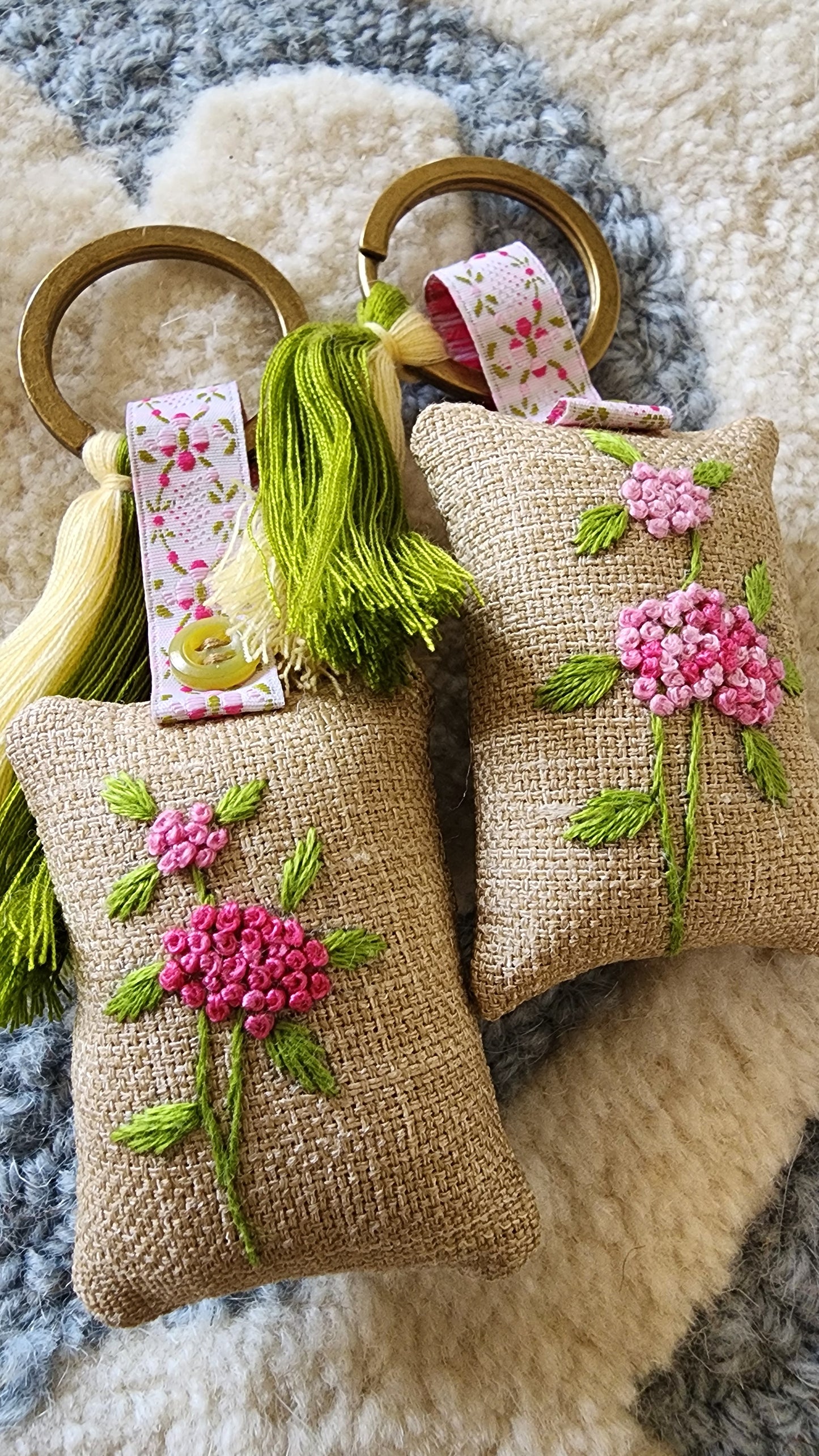 Ikali - Floral Pink Hydrangeas - Hand-embroidered Keychain