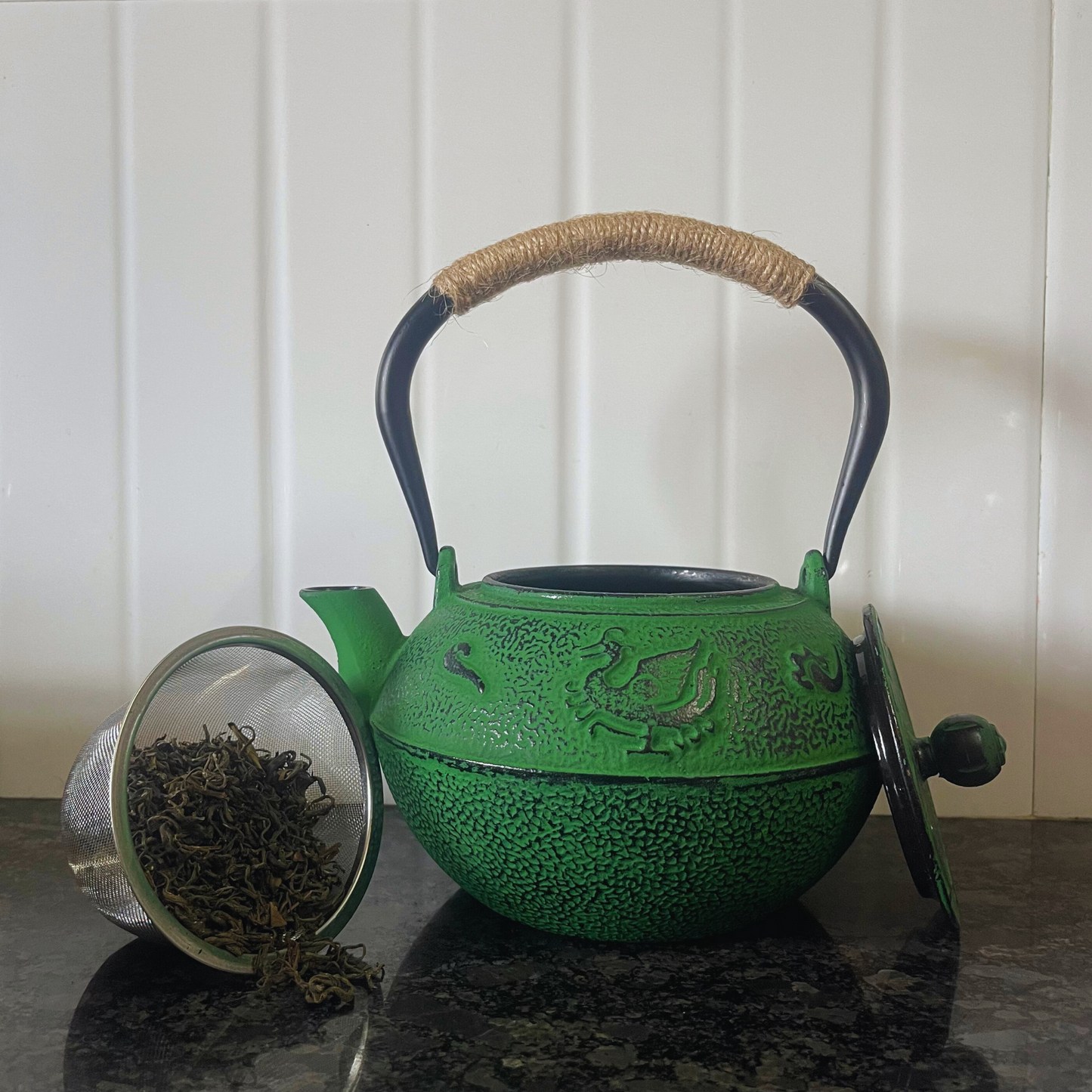 Cast-Iron Hobnail TeaPot - Traditional Japanese Tetsubin (Tetsu-Kyusu) Jade Green Dragon TeaPot 1200ml