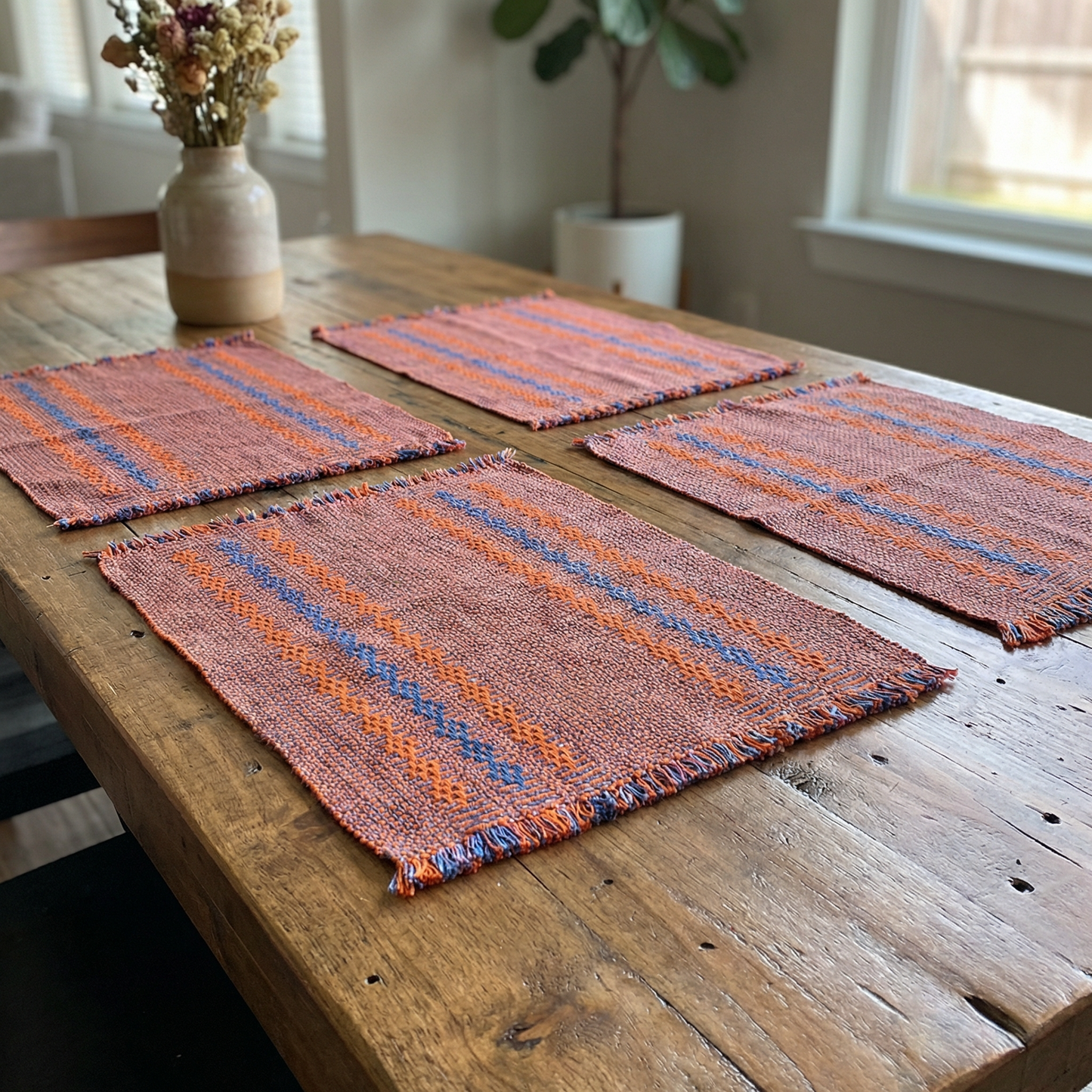 Loin Loom Handwoven Table Mat - Orange & Blue (Set of 6)