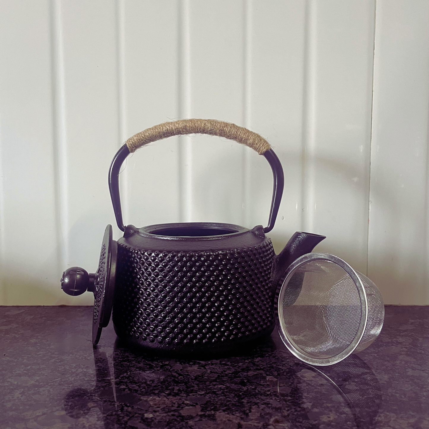 Cast-Iron Hobnail TeaPot - Traditional Japanese Tetsubin (Tetsu-Kyusu) Black Arare patterned (with round hob) TeaPot 580ml