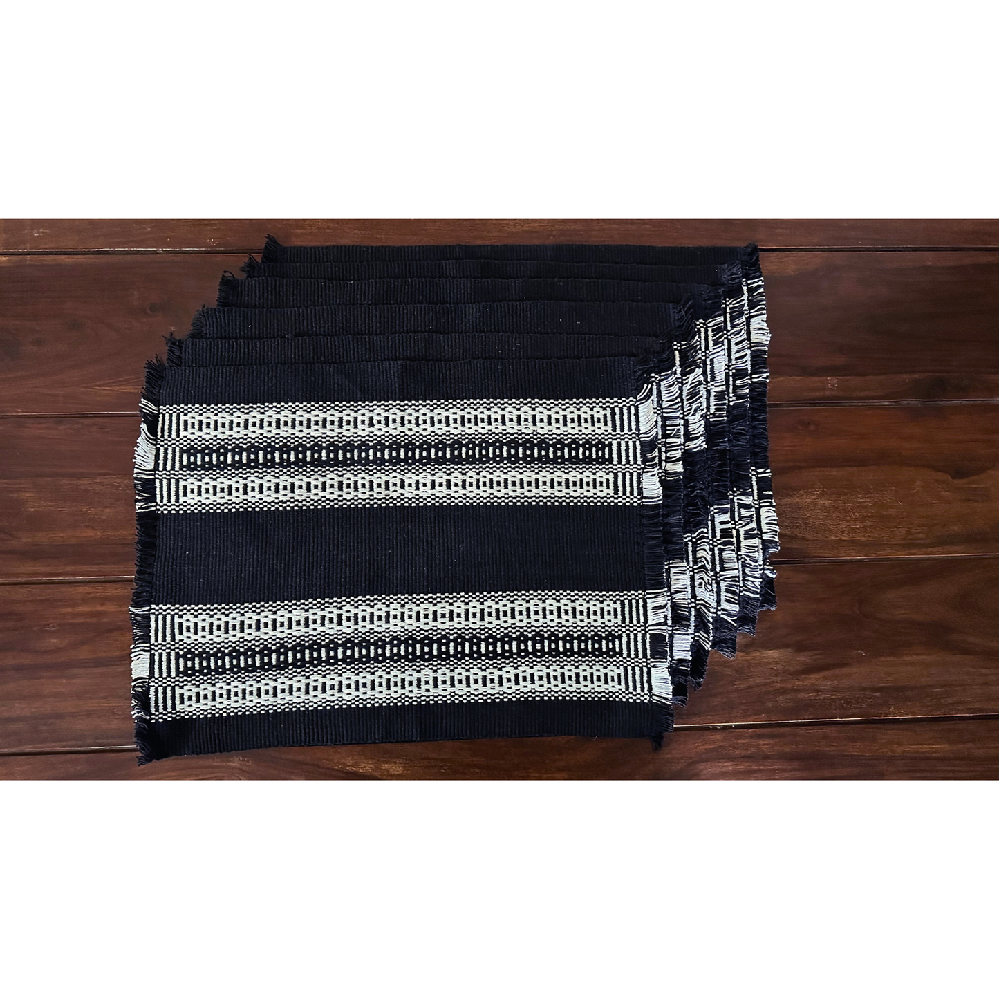 Loin Loom Handwoven Table Set: Runner & 6 Table Mats in Black & White