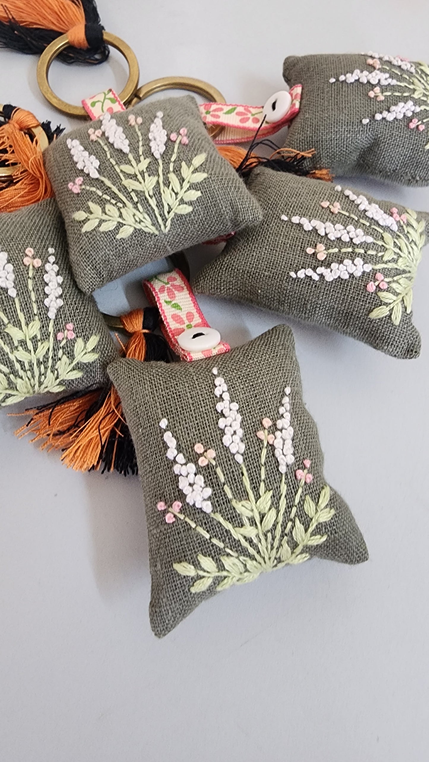 White & Peach - Hand-embroidered Keychain