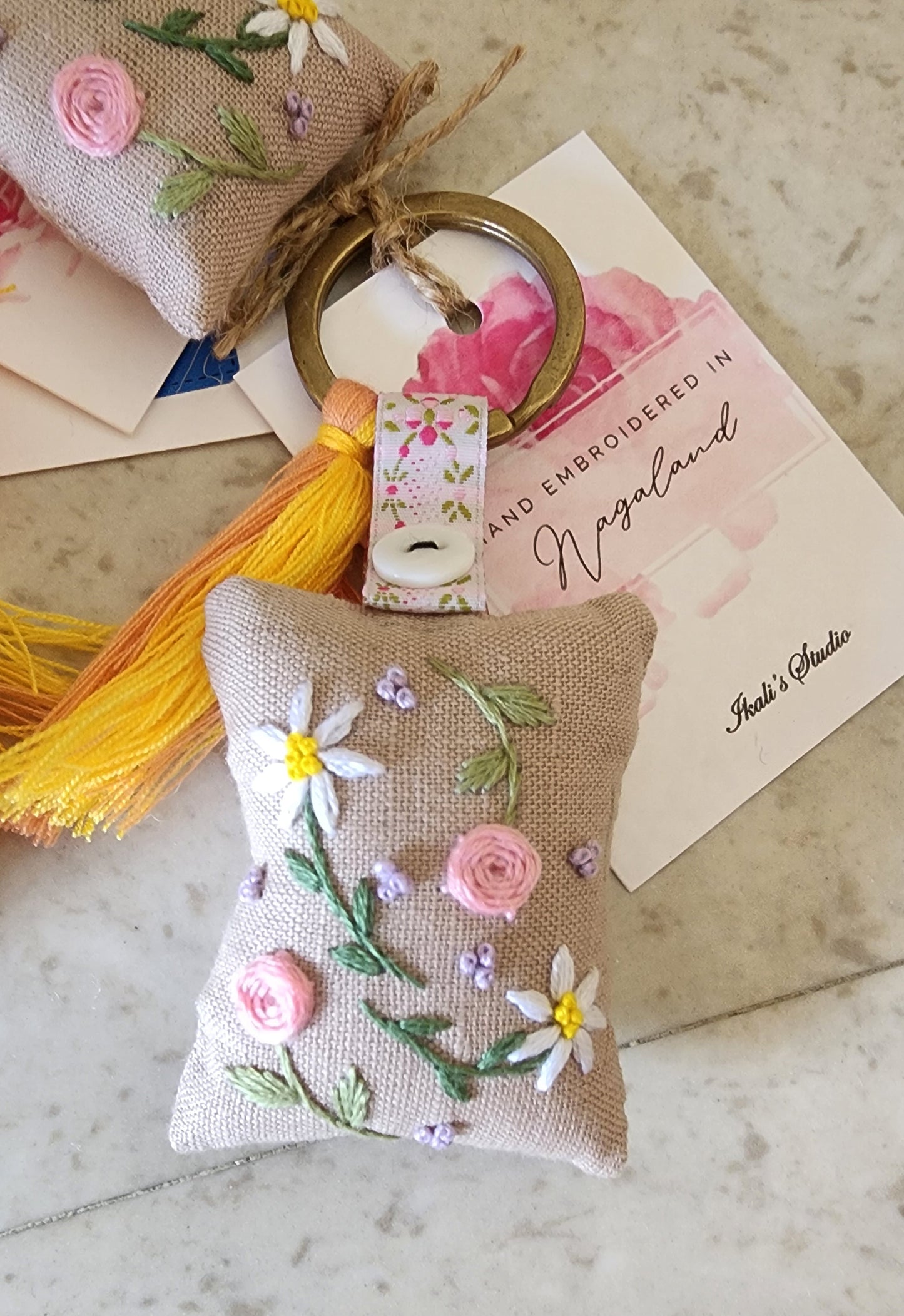 Ikali - Falling Flowers - Hand-embroidered Keychain