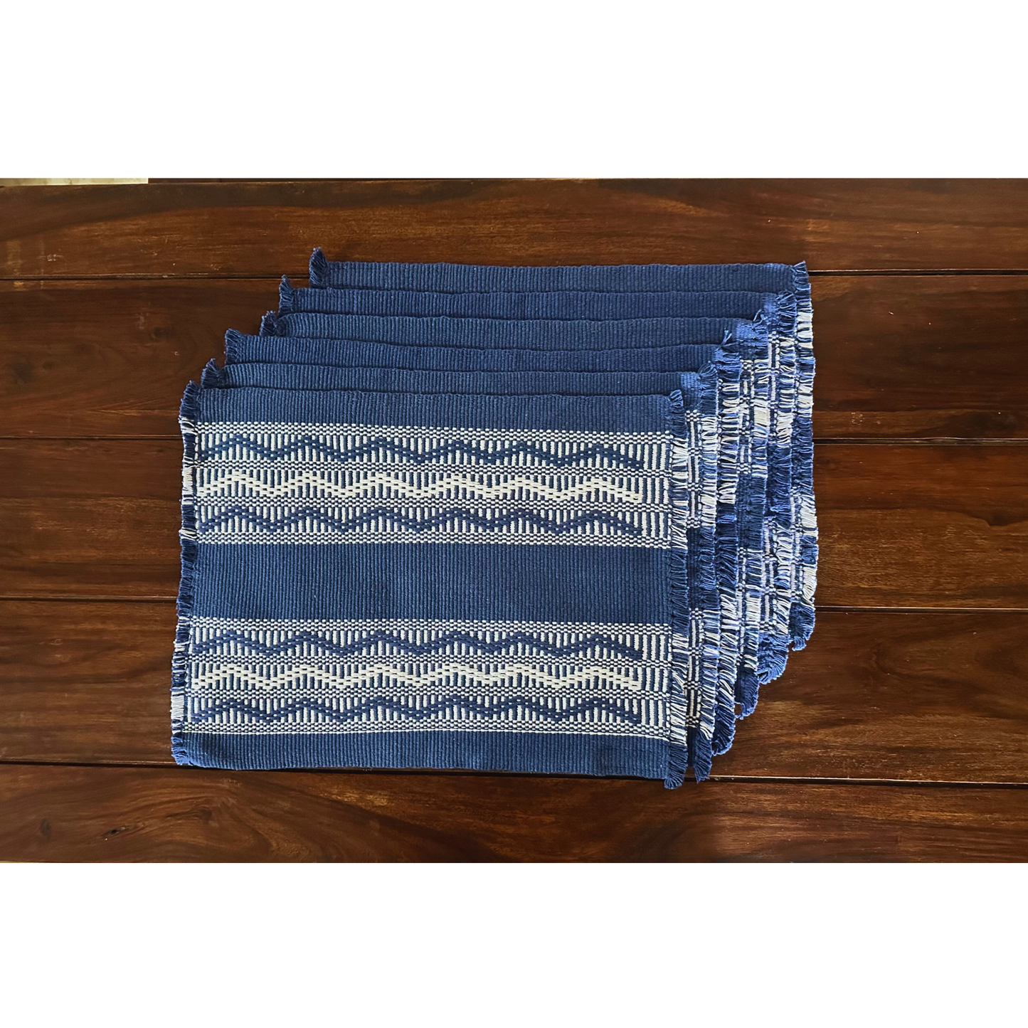 Loin Loom Handwoven Table Set: Runner & 6 Table Mats in Cobalt Blue & White