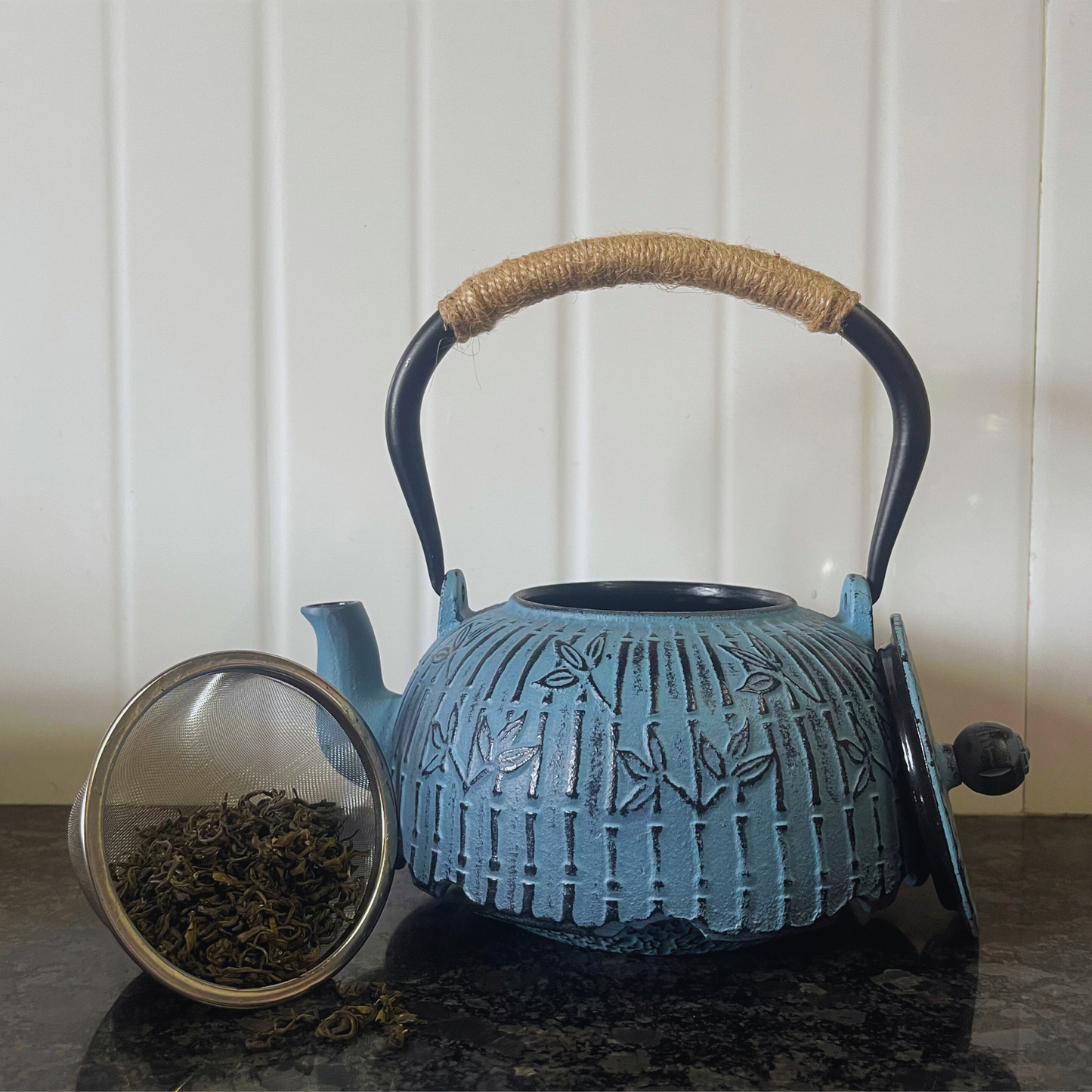 Cast-Iron Hobnail TeaPot - Traditional Japanese Tetsubin (Tetsu-Kyusu) Bamboo Lines Blue TeaPot 1200ml