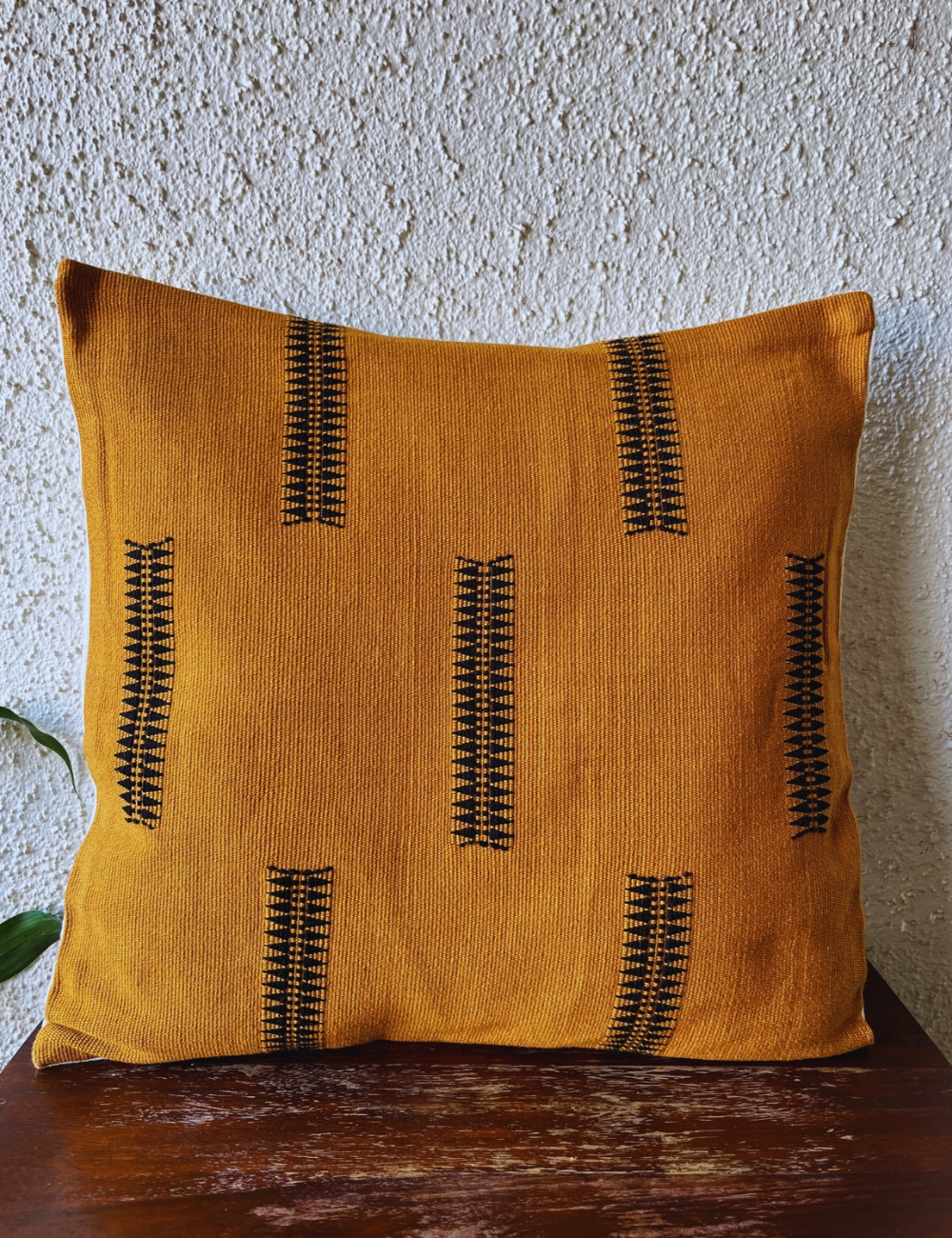Chizami Weaves - Loin Loom Handwoven Cushion Cover Set in Dark Mustard with Black Motif (Set of 2)