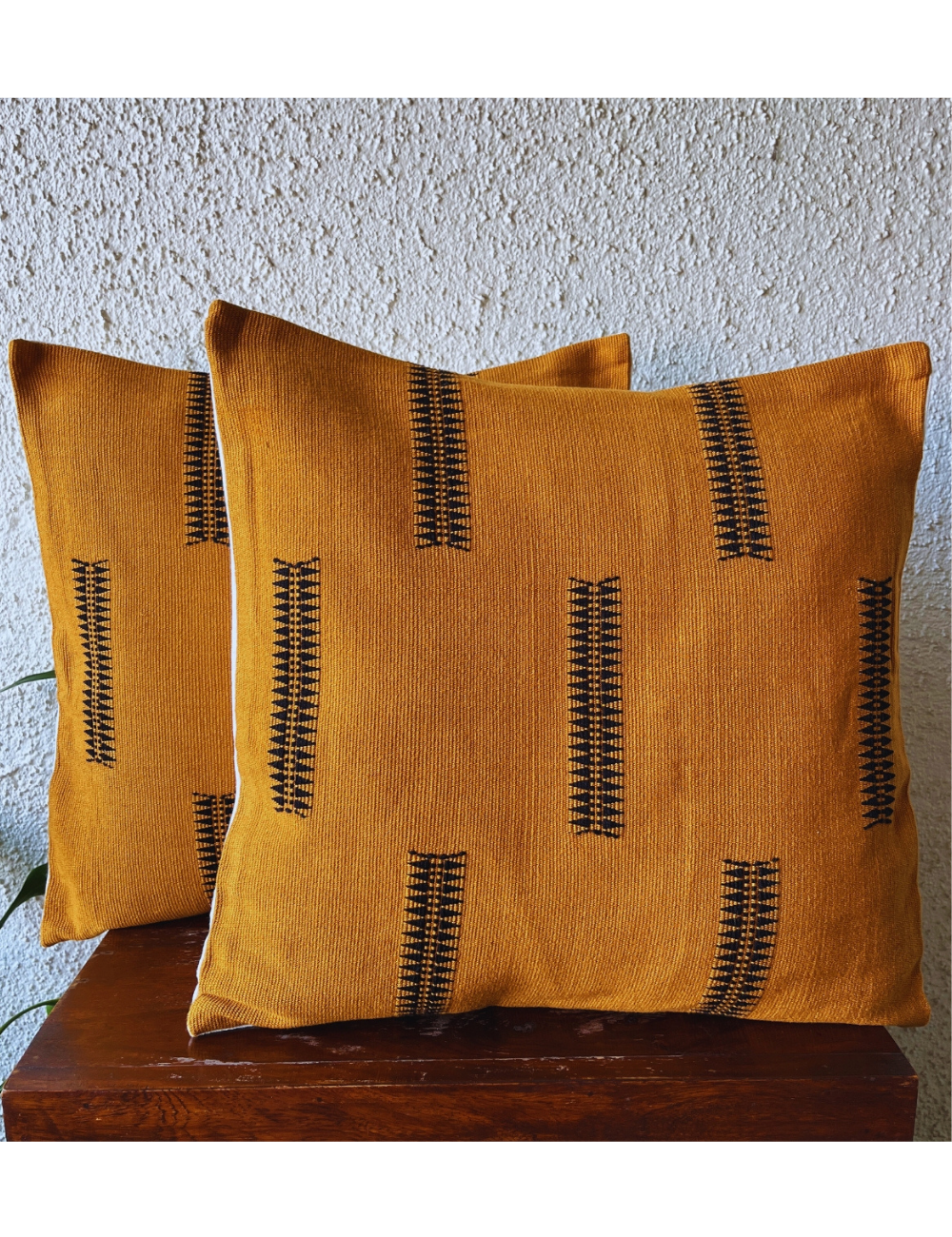 Chizami Weaves - Loin Loom Handwoven Cushion Cover Set in Dark Mustard with Black Motif (Set of 2)