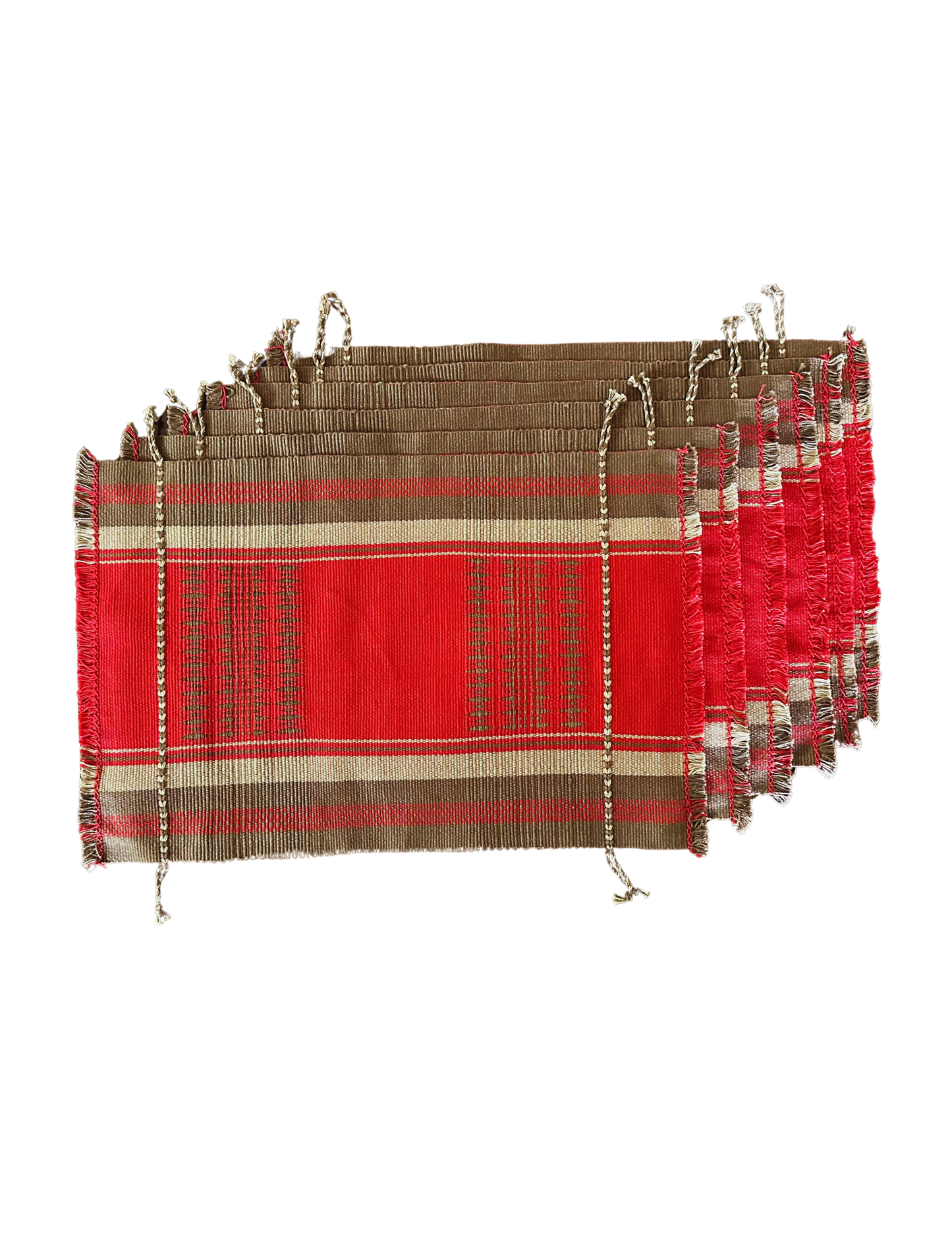 Chizami Weaves - Loin Loom Handwoven Table Set: Runner & 6 Table Mats in Red, Ecru, Brown