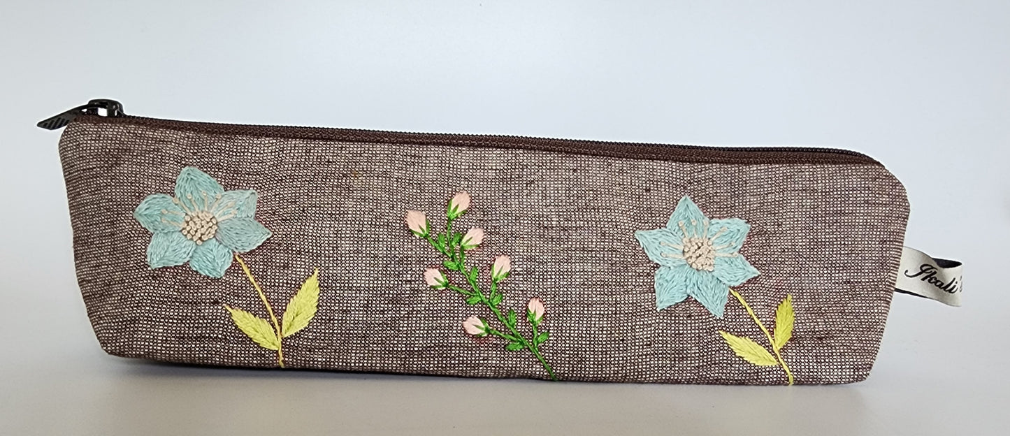 Blue Pink Flowers - Hand-embroidered Multi-purpose Zip Pouch