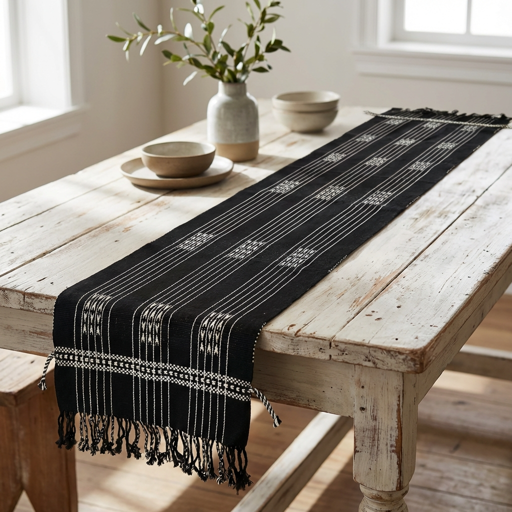 Chizami Weaves - Loin Loom Handwoven Table Runner in Black & White