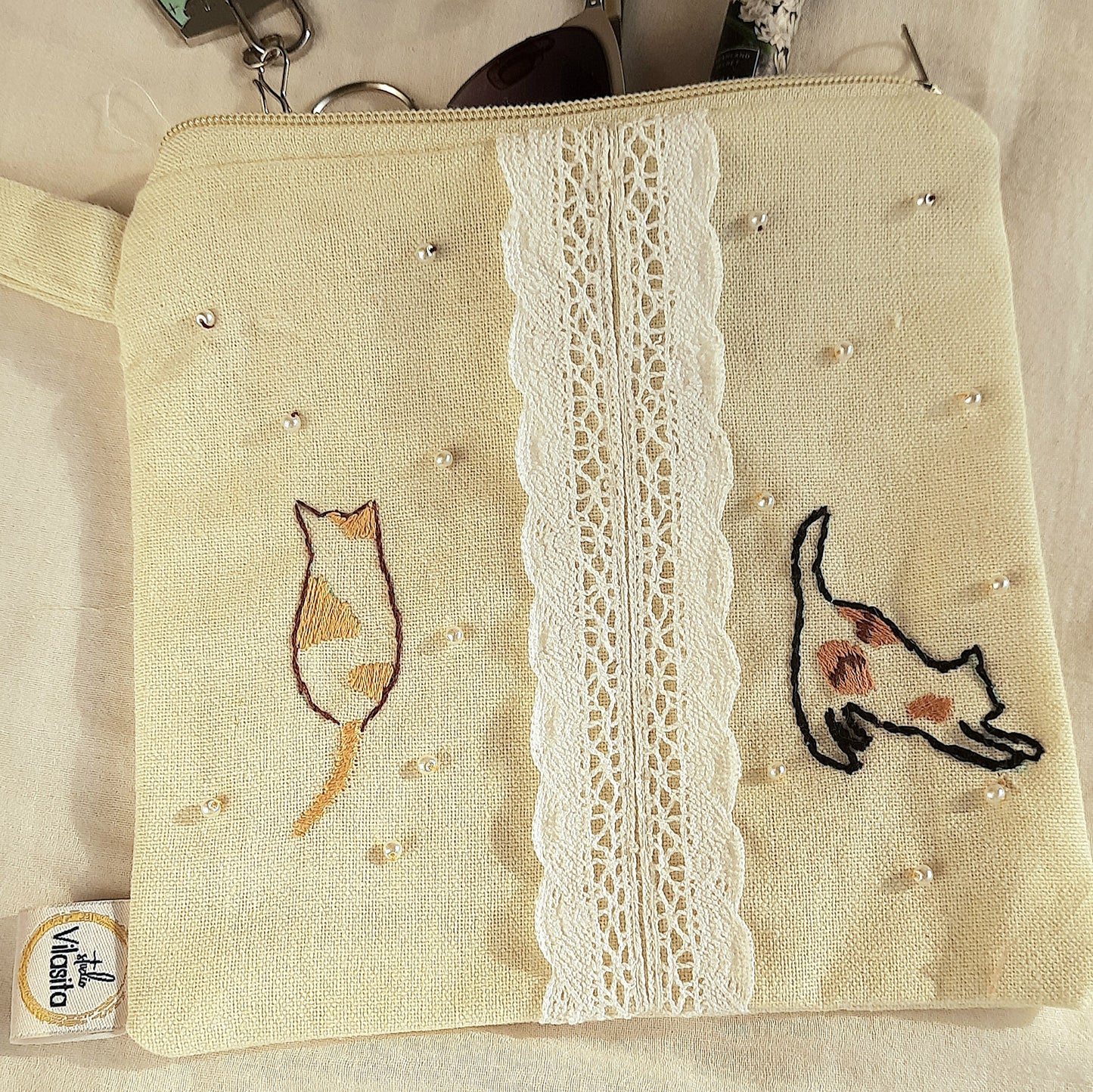 Studio VilaSita - Two Calicos - Hand-embroidered Utility Pouch