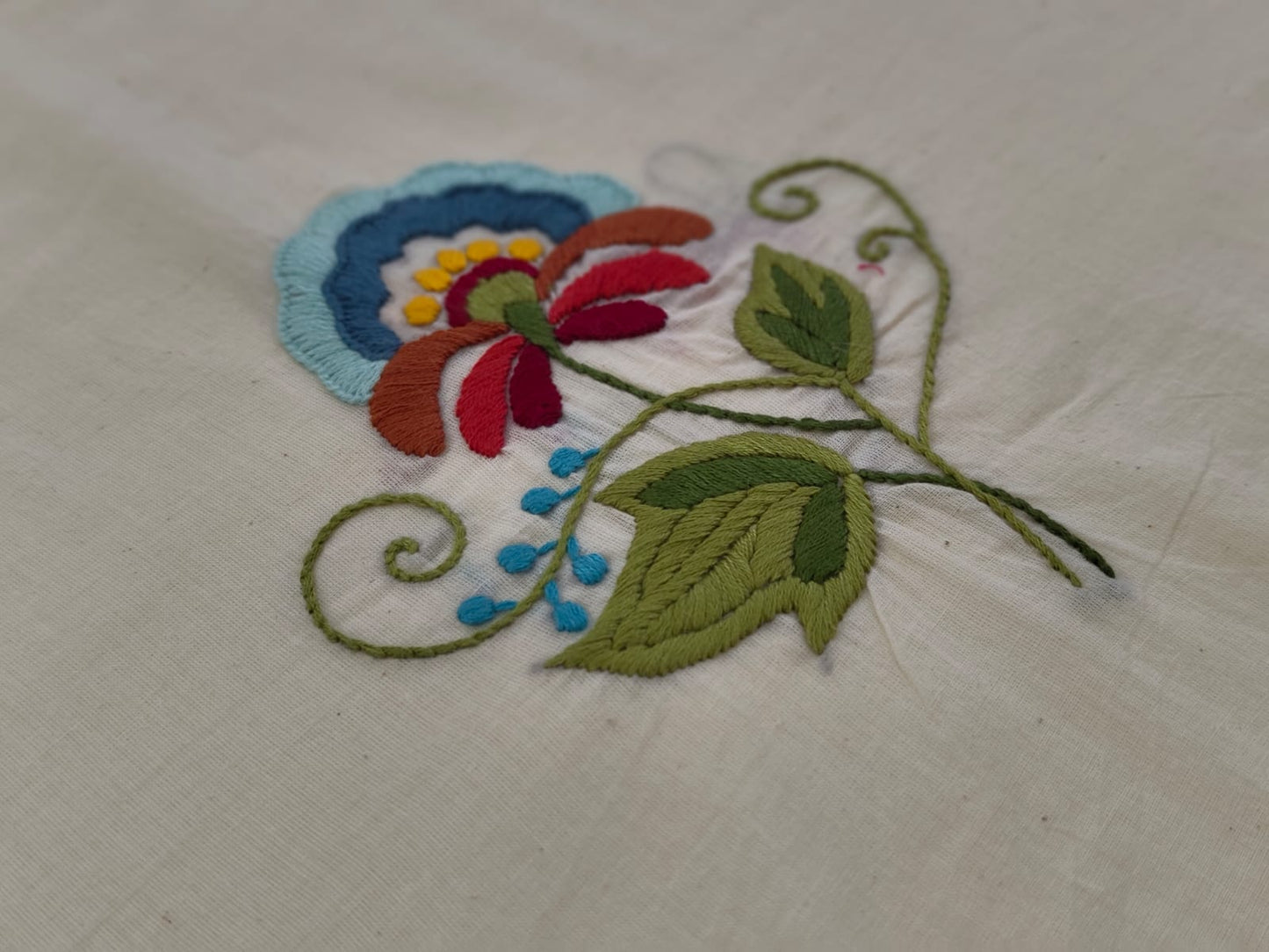 Embroidered floral design on a white fabric background