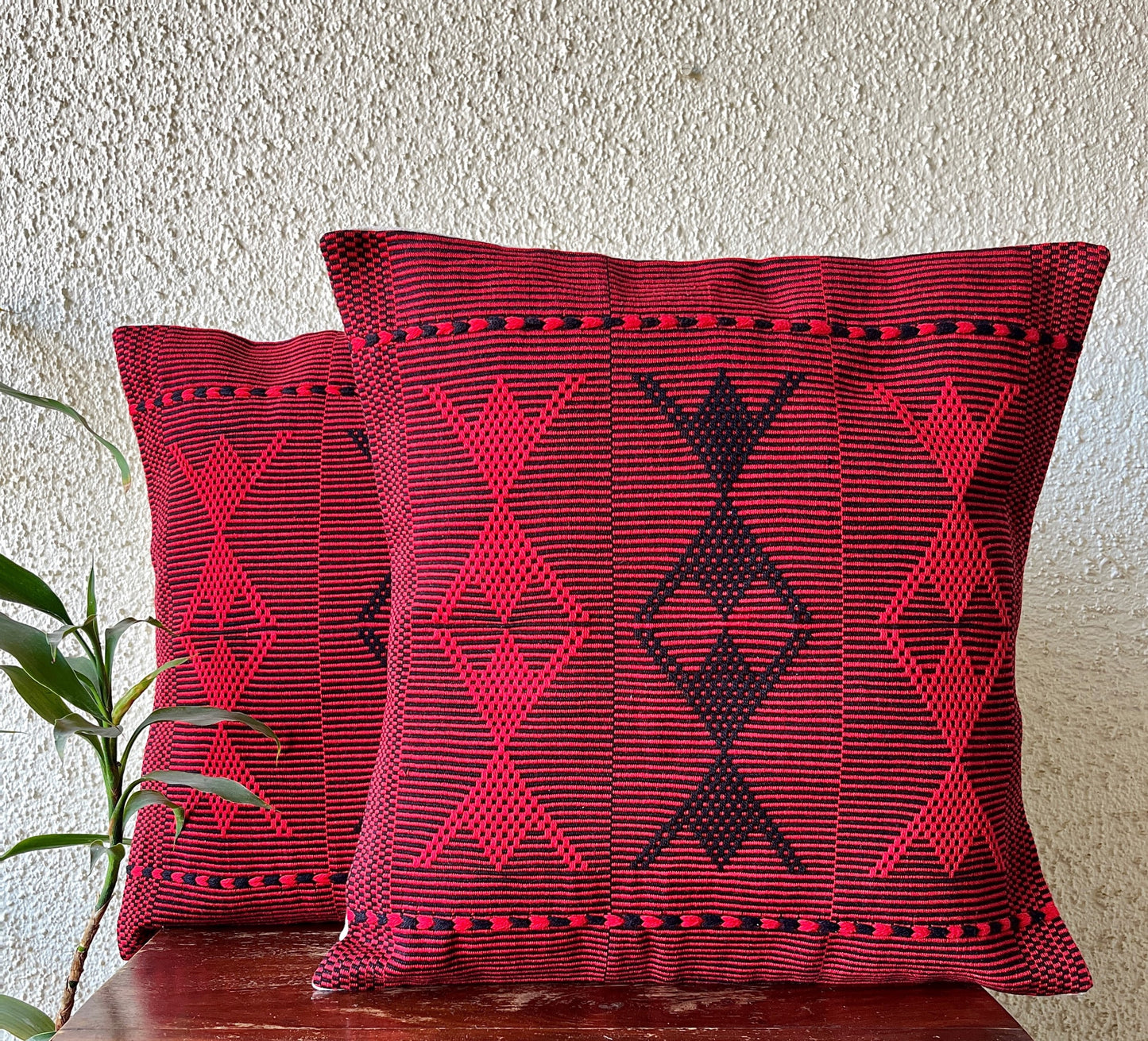 Chizami Weaves - Loin Loom Handwoven Cushion Cover Set in Red with Black Motifs (Set of 4)