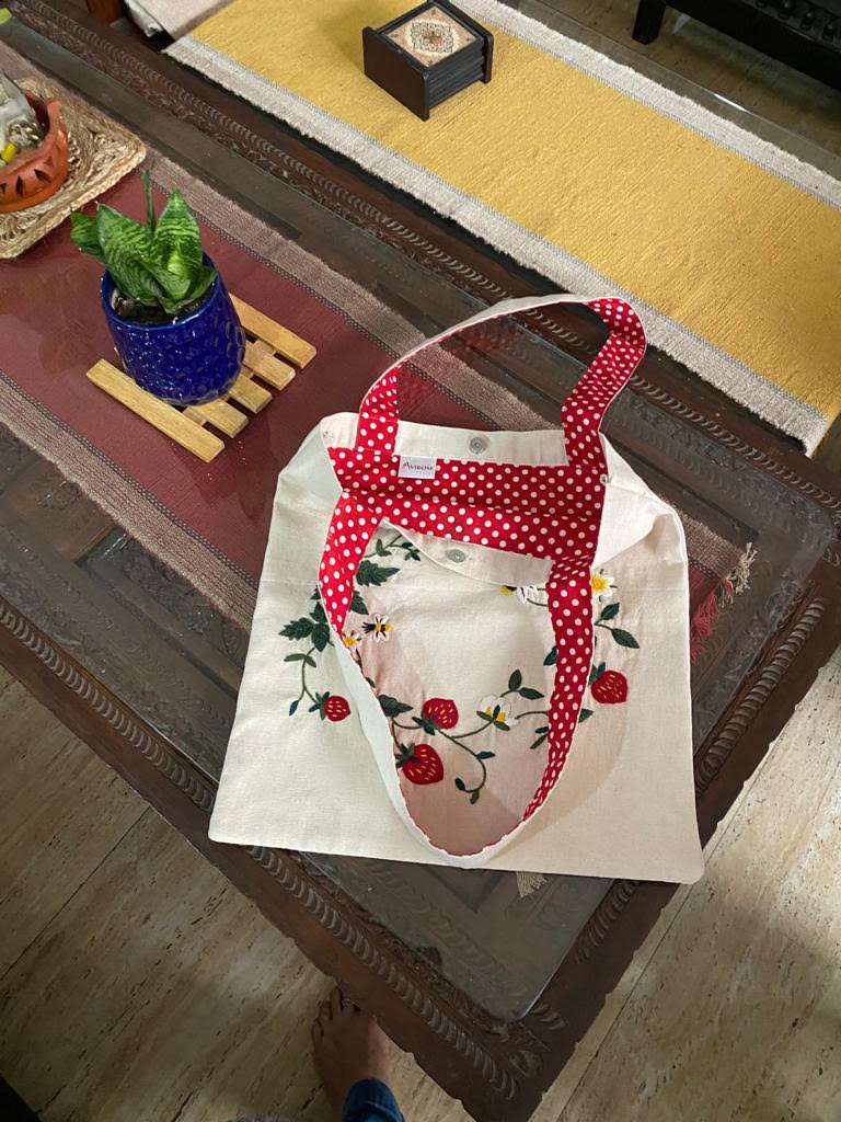 Strawberries - Hand-embroidered Tote