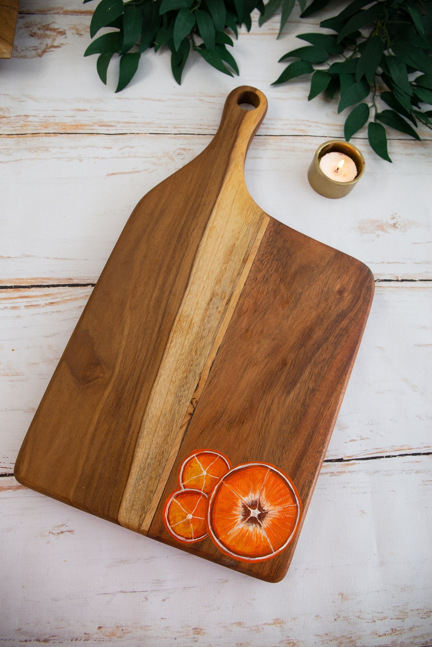 Handpainted Tangerines on Large Teakwood Platter / Cheese board with Handle