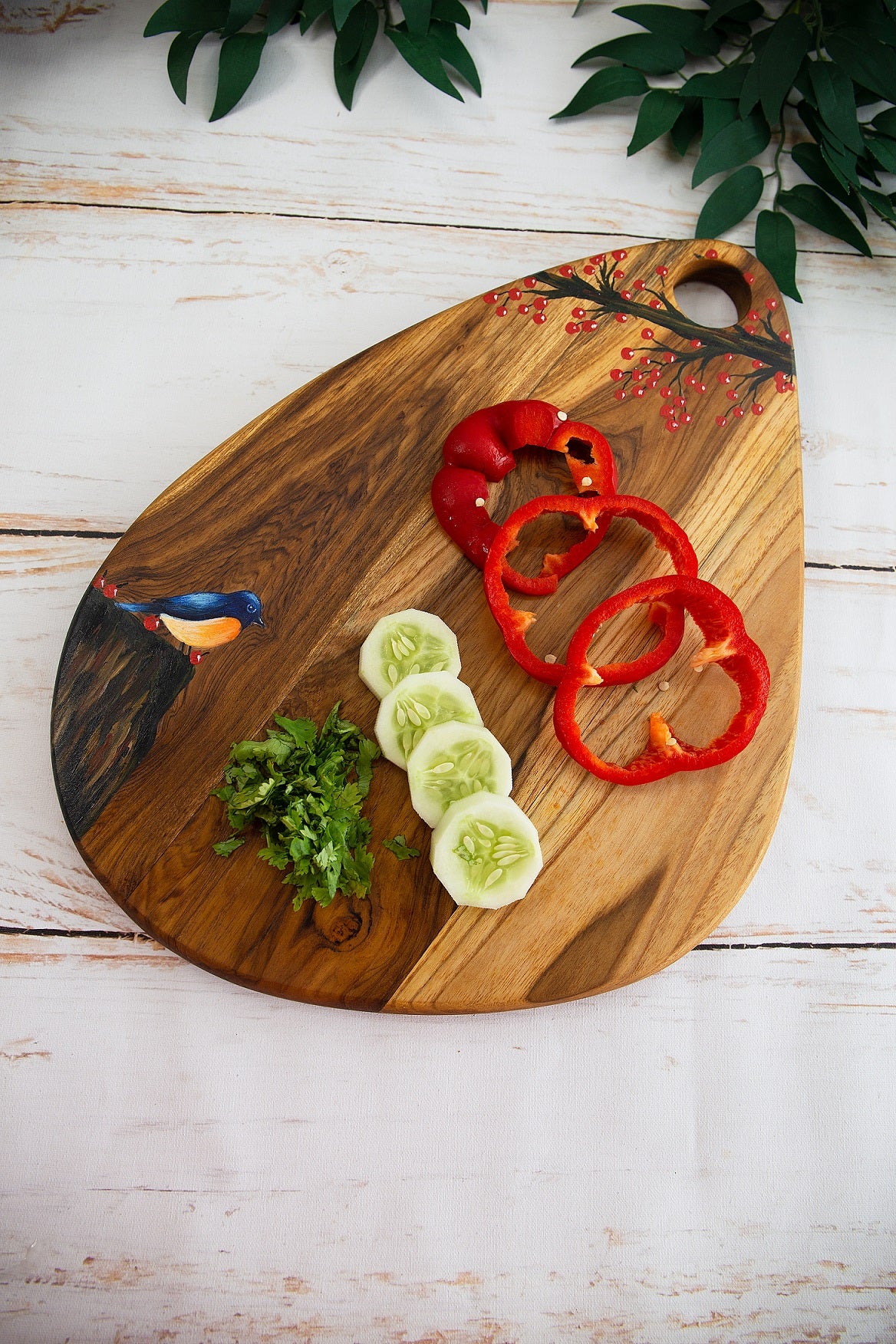 Nature Inspired Handpainted Egg-shaped Teakwood Platter / Cheese Board