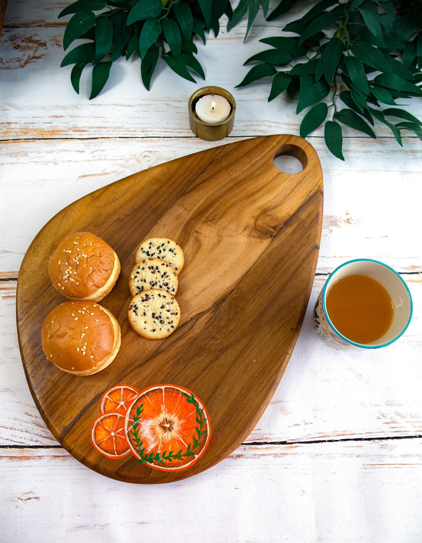 Handpainted Tangerine Egg shaped Teakwood Platter / Cheese Board