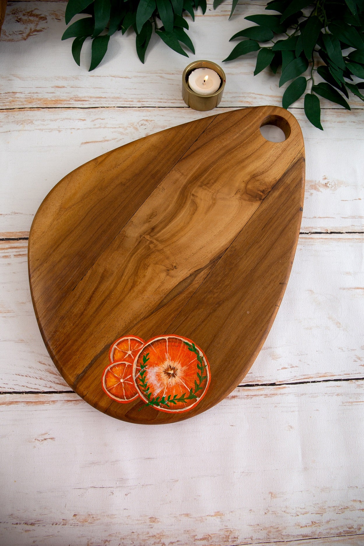 Handpainted Tangerine Egg shaped Teakwood Platter / Cheese Board
