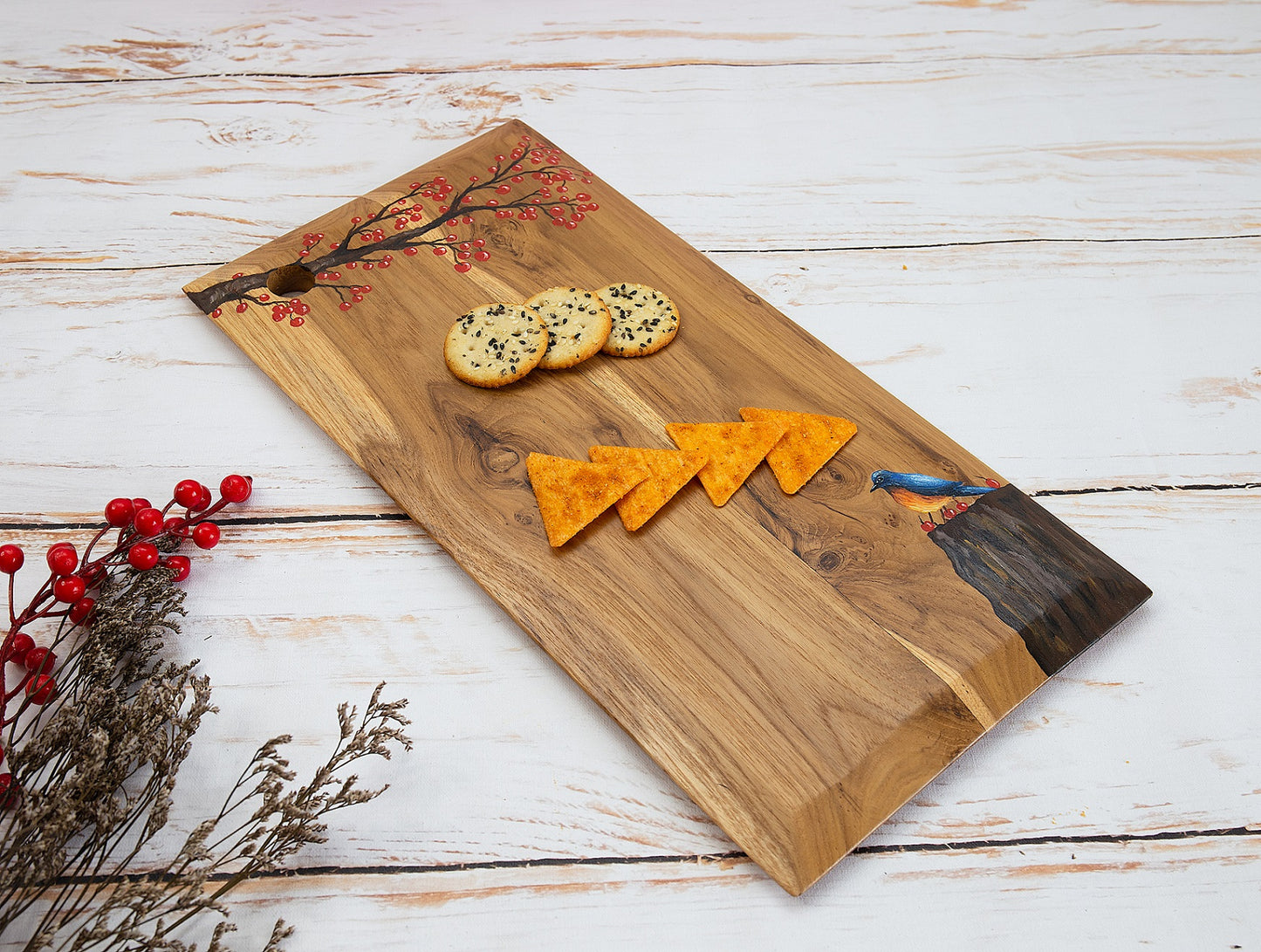 Nature Inspired Handpainted Long Teakwood Platter / Cheese Board