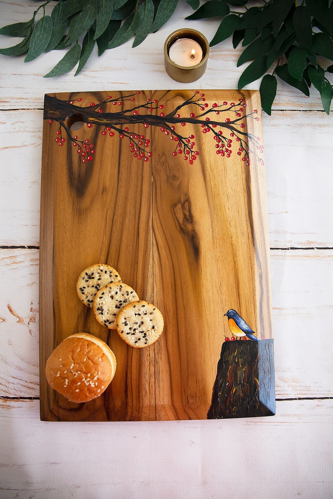 Nature Inspired Hand-painted Rectangular Teakwood Platter / Cheese Board