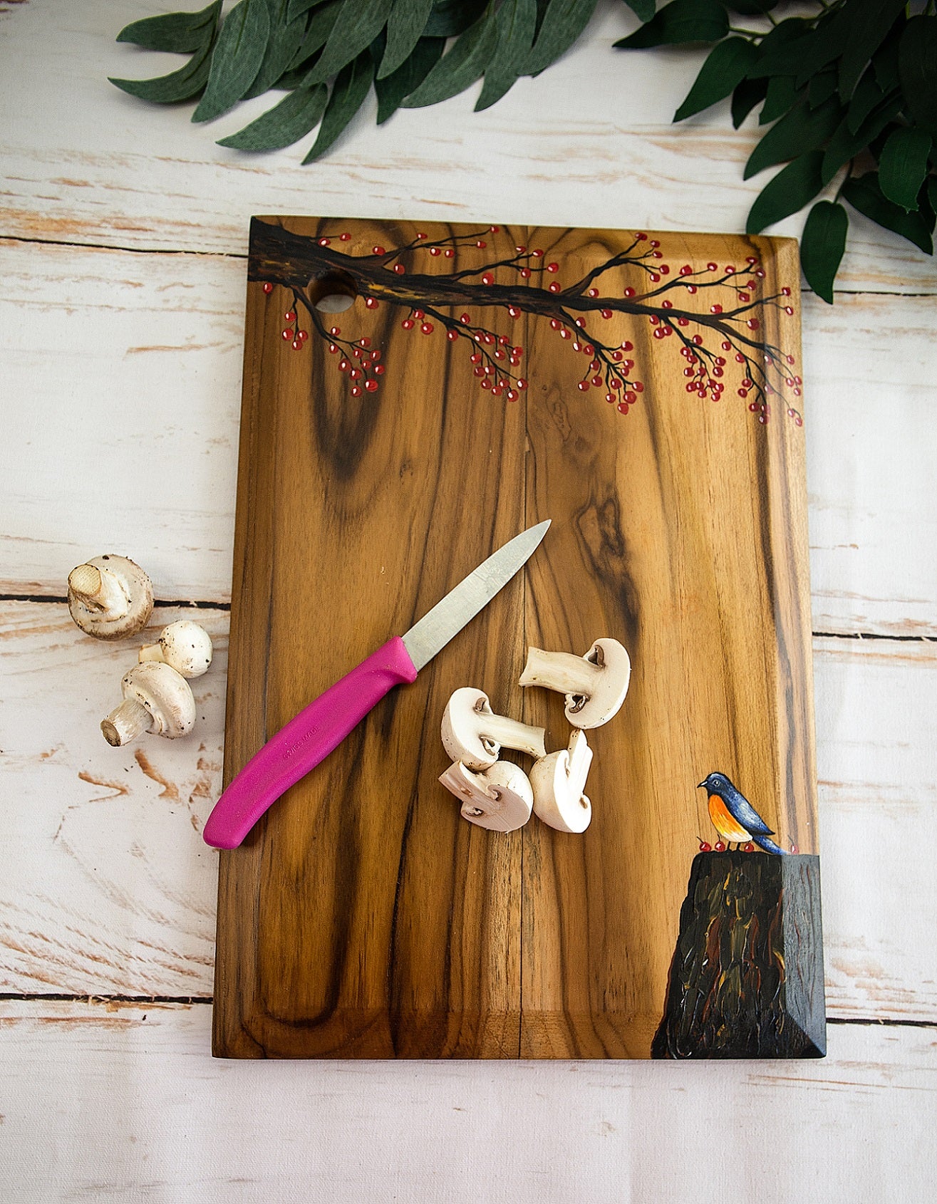 Nature Inspired Hand-painted Rectangular Teakwood Platter / Cheese Board