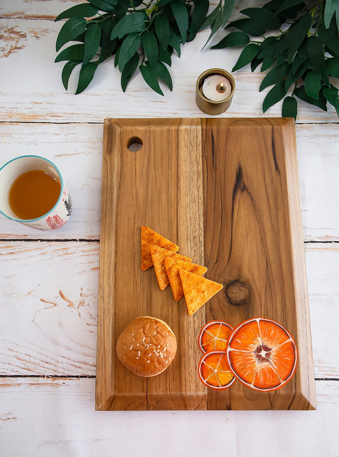 Handpainted Tangerines on Rectangular Teakwood Platter / Cheese board
