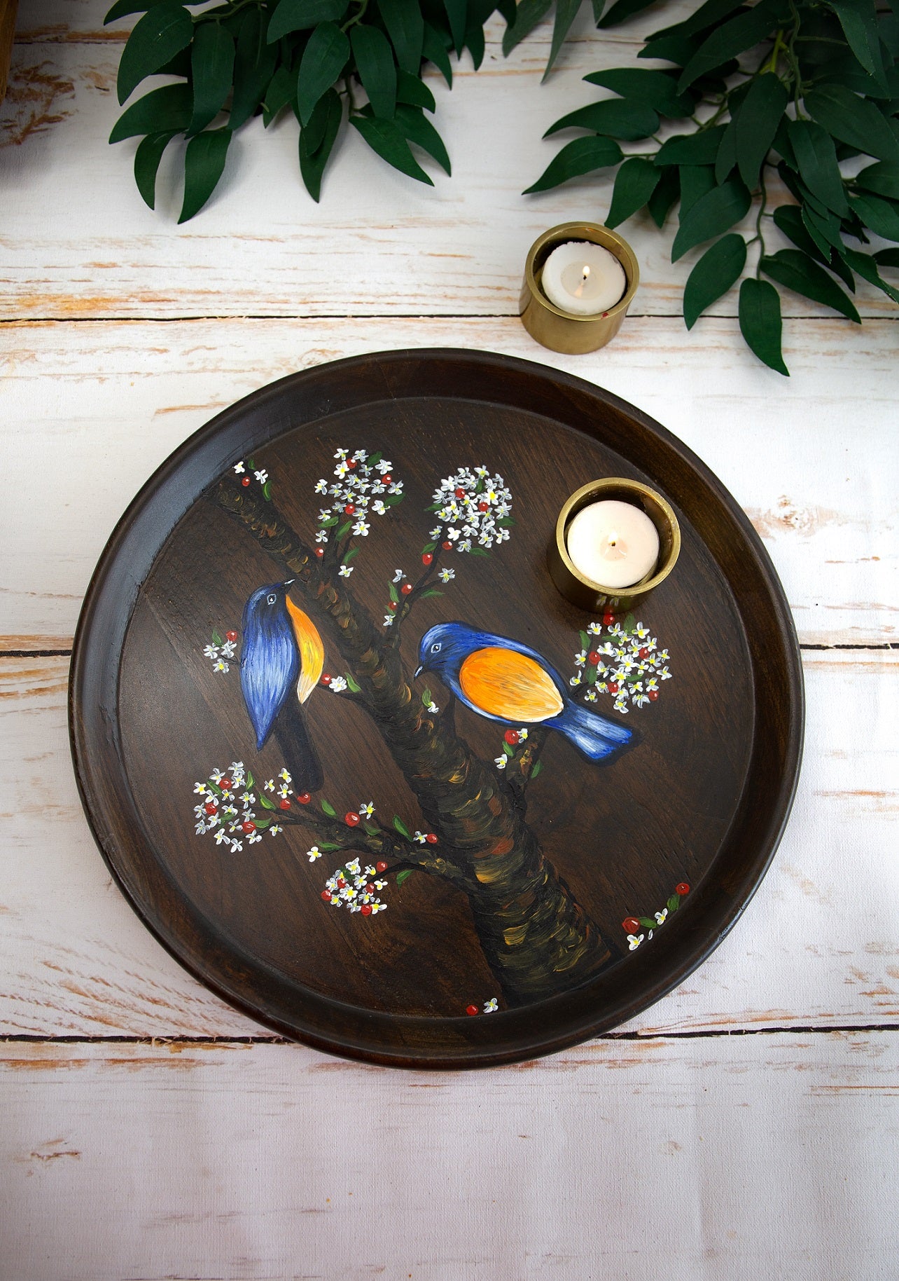 Nature Inspired Handpainted Round Teakwood Tray / Wall Plate