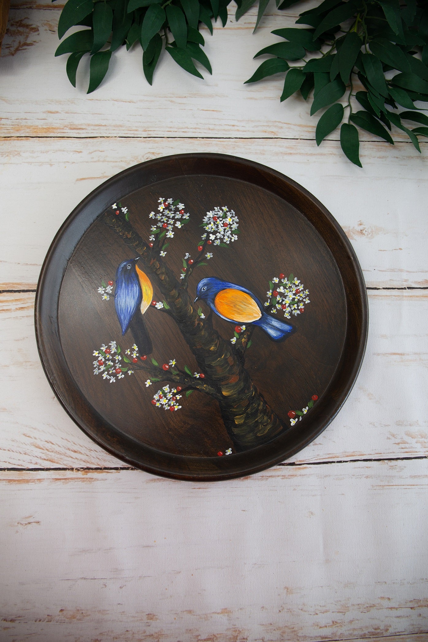 Nature Inspired Handpainted Round Teakwood Tray / Wall Plate
