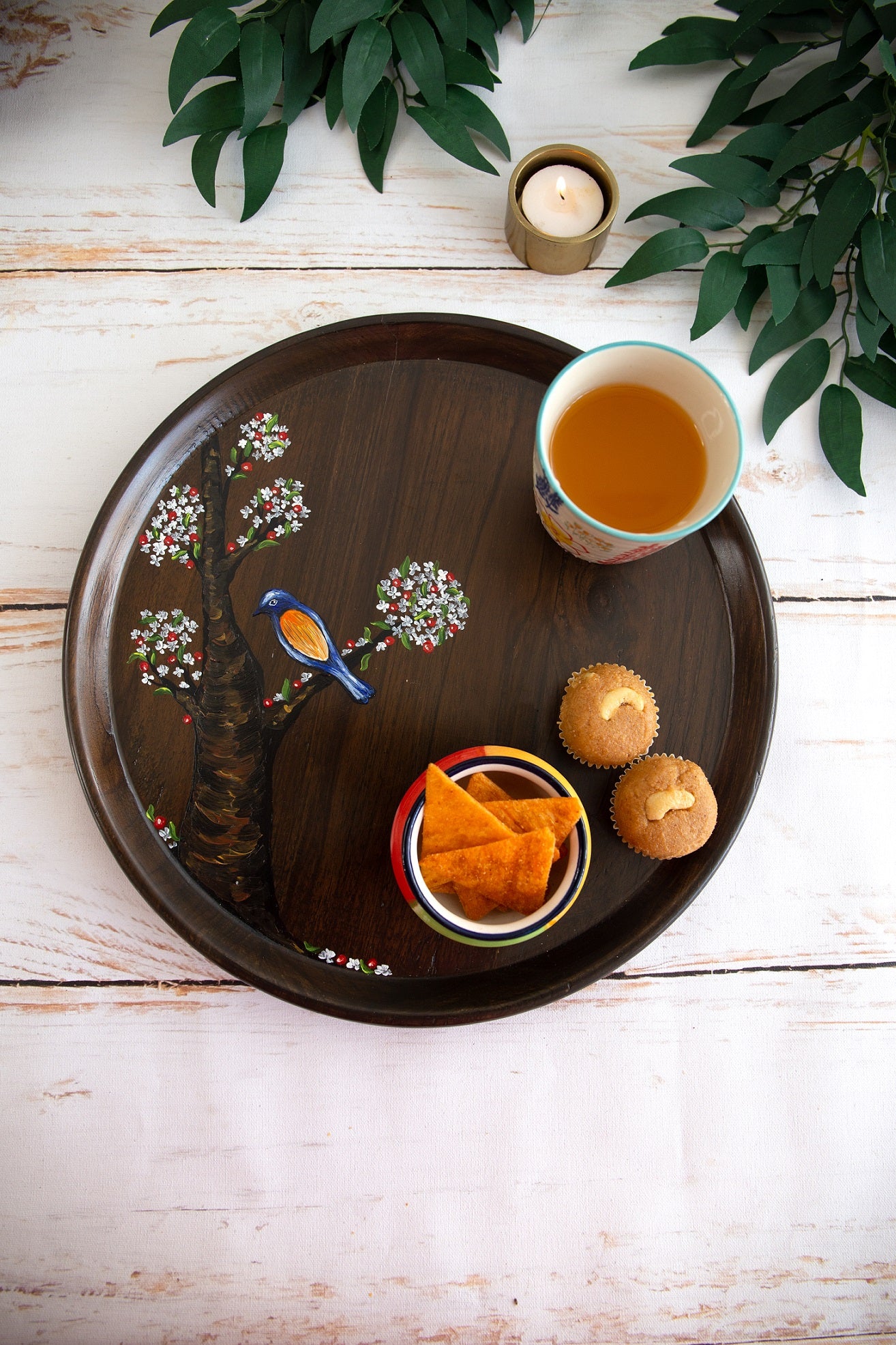 Nature Inspired Handpainted Round Teakwood Tray / Wall Plate