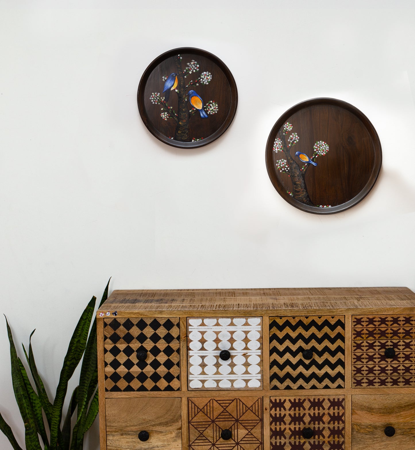 Nature Inspired Handpainted Round Teakwood Tray / Wall Plate