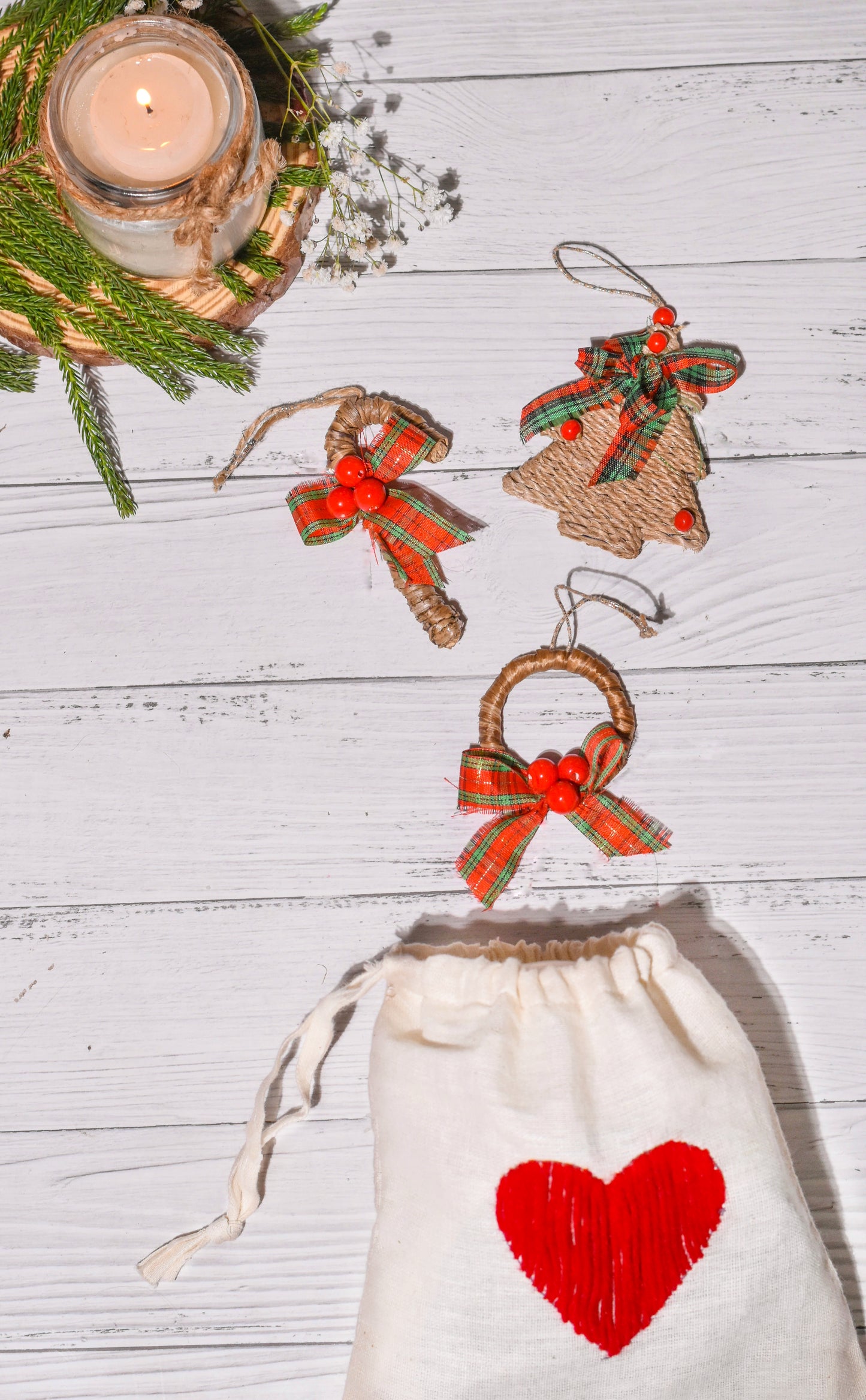 Christmas Tree Ornament in Banana Fibre - Gift Pack (Set of 3) (Christmas Tree + Candy stick + Wreath) with Bag