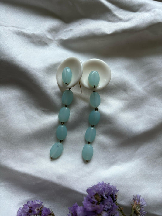 Tokhu Shell Cover Glass Bead Dangler Earrings- Blue - Naga Jewellery