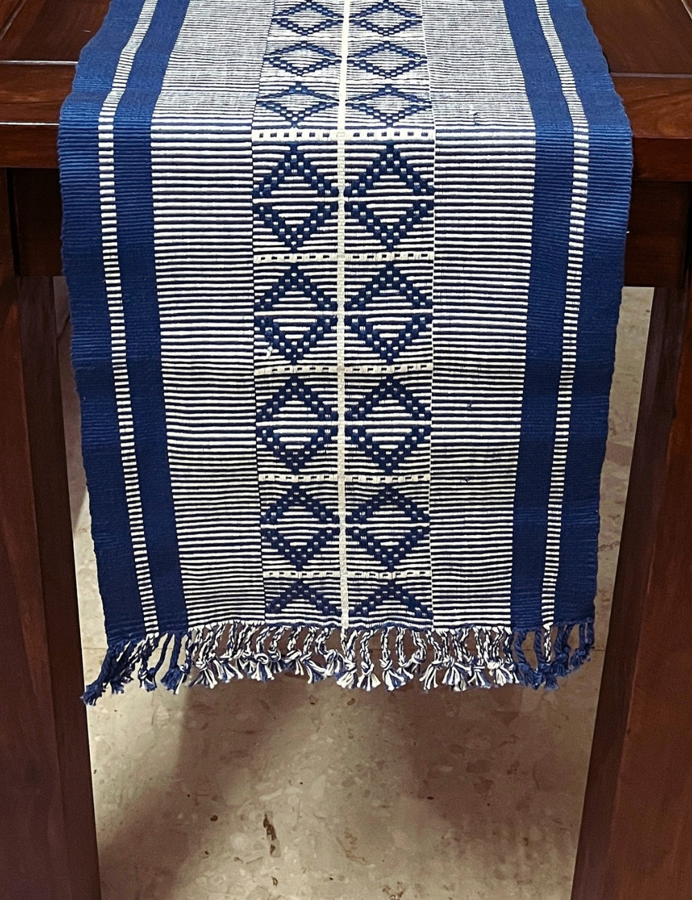 Chizami Weaves - Loin Loom Handwoven Table Runner in Blue & White