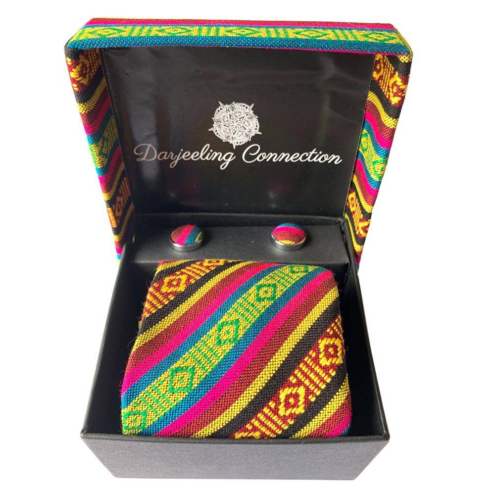 Himalayan Knot Gemstone Gala Stripes Tie and matching cufflinks. Unique & handmade. In Box