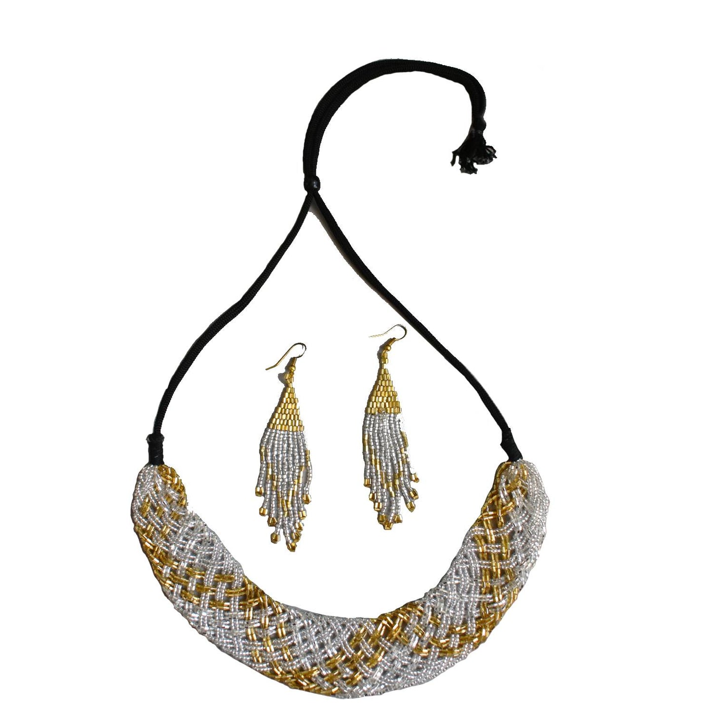 Silver Gold Braided Potay Choker Set with Ear rings