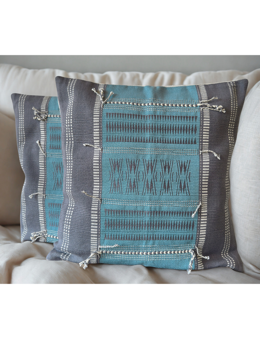Chizami Weaves - Loin Loom Handwoven Cushion Cover Set in Powder Blue & Pigeon Grey (Set of 2)