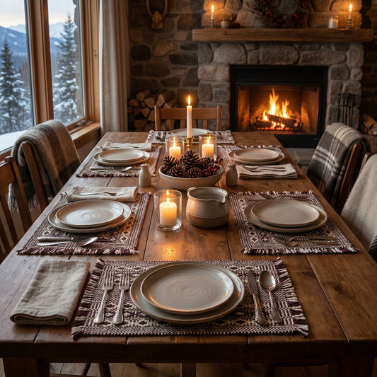 Loin Loom Handwoven Woollen Table Mat - Brown & Beige (Set of 6)