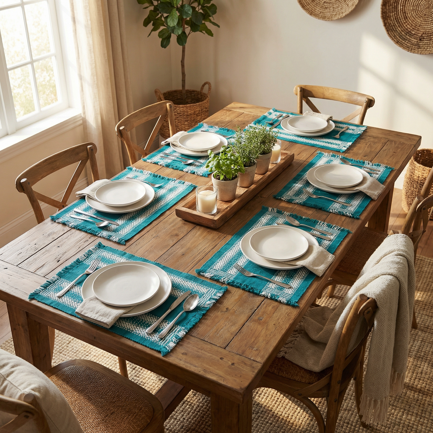 Loin Loom Handwoven Woollen Table Mat - Teal & White (Set of 6)