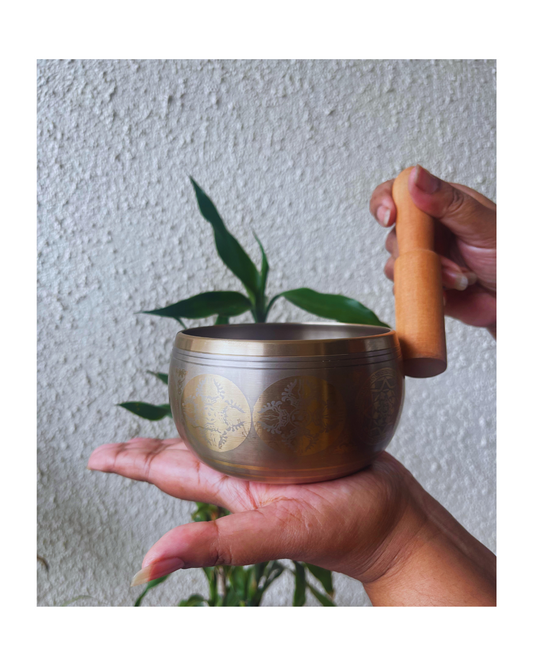 Singing Bowl - 5-metal Panchaloha Hand-hammered Engraved Bowl (4 inch) with Wooden Mallet