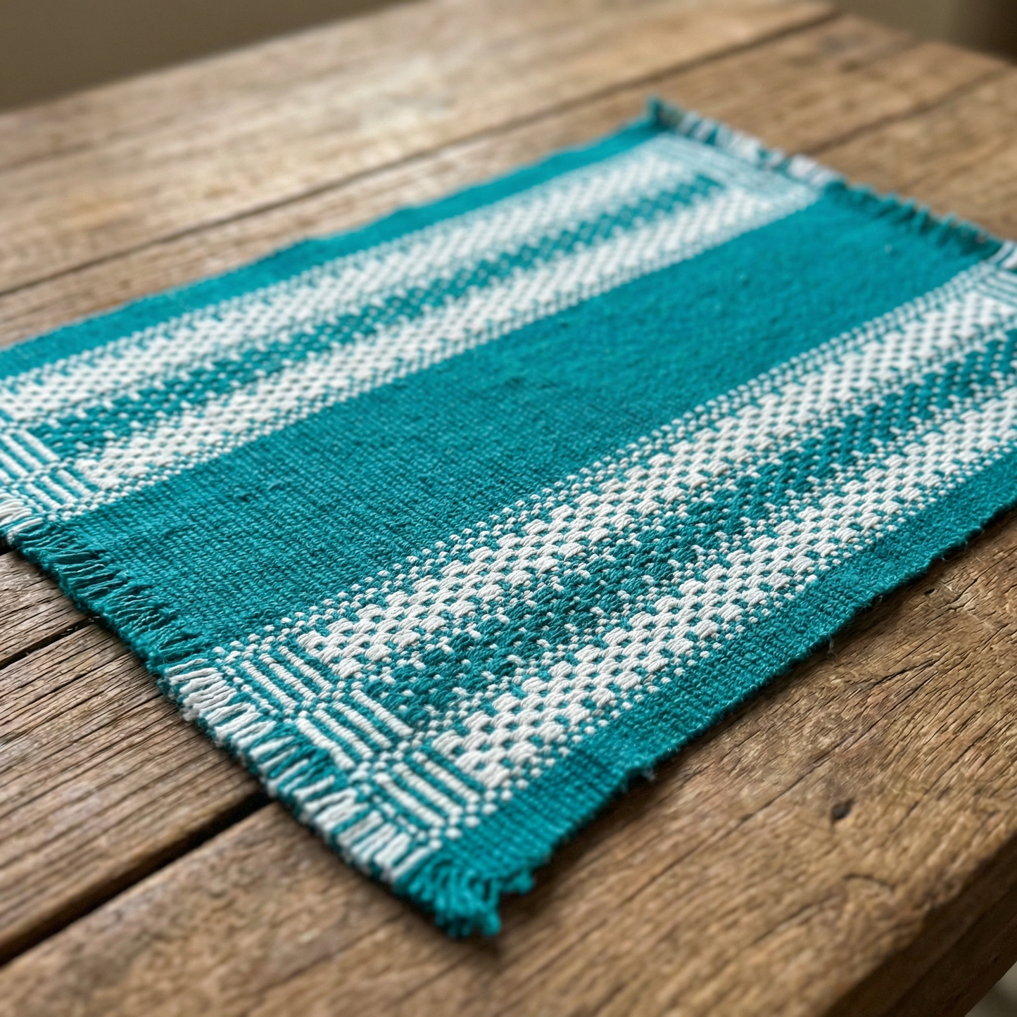 Loin Loom Handwoven Woollen Table Mat - Teal & White (Set of 6)