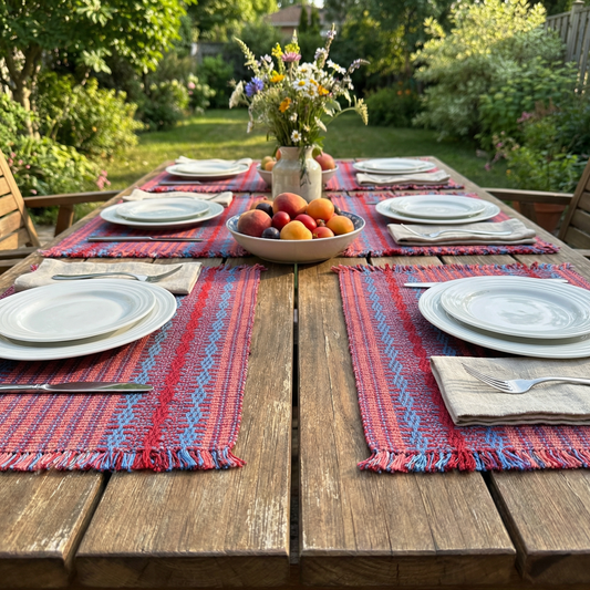 Loin Loom Handwoven Table Mat - Orange, Maroon & Blue (Set of 6)