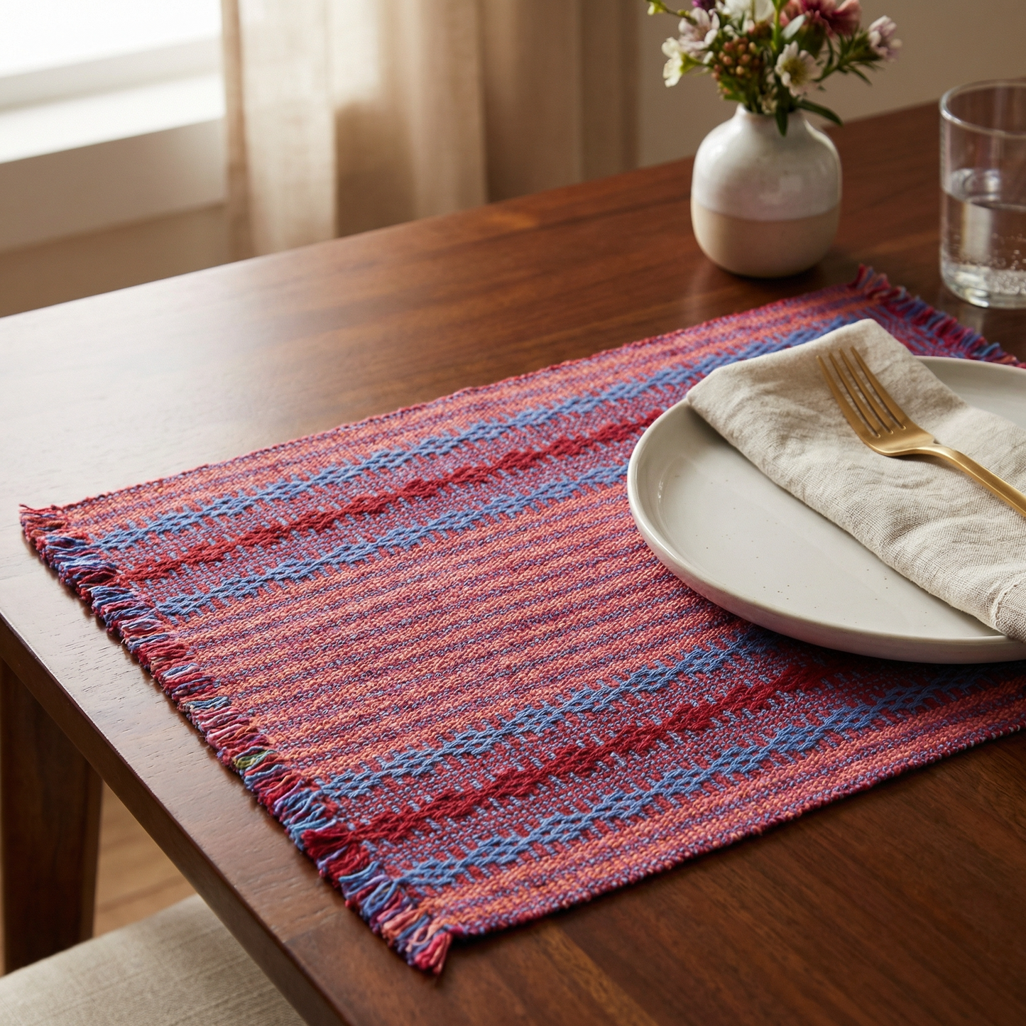 Loin Loom Handwoven Table Mat - Orange, Maroon & Blue (Set of 6)