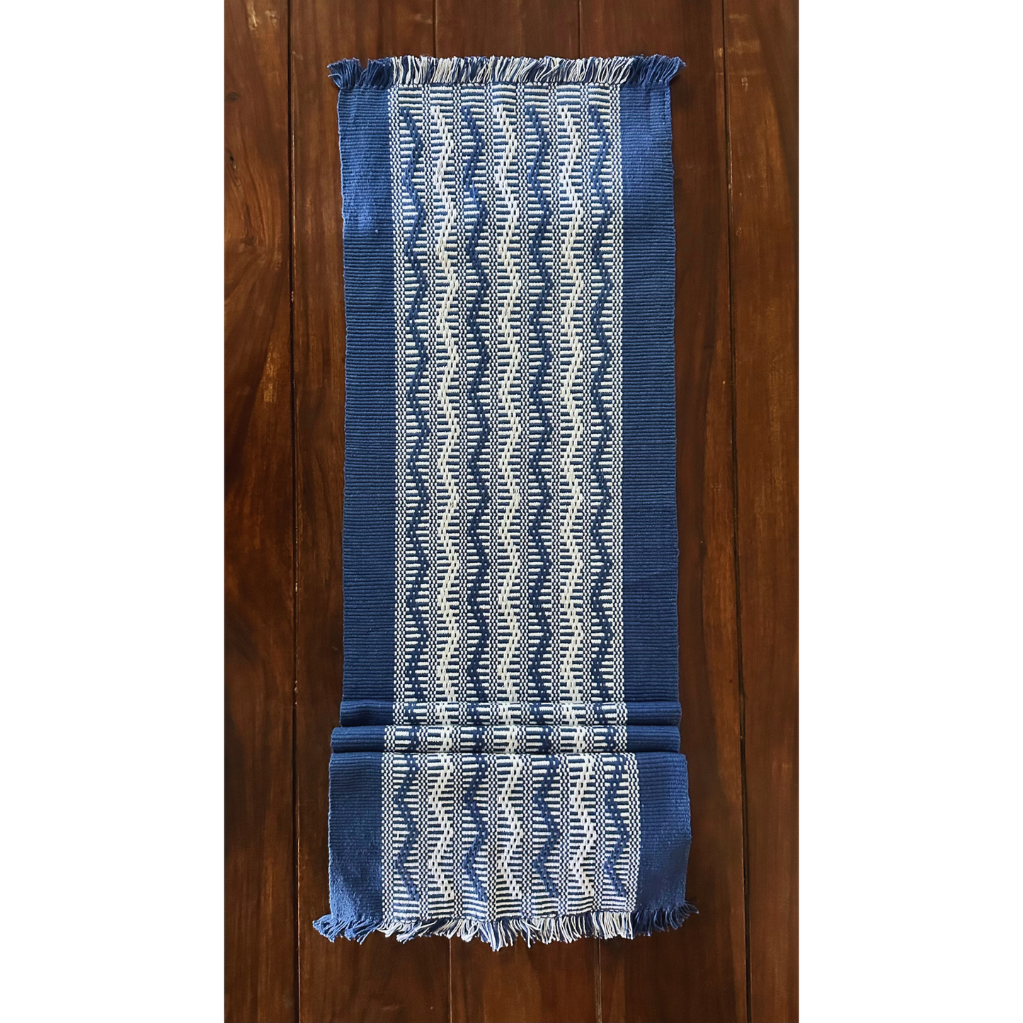 Loin Loom Handwoven Table Set: Runner & 6 Table Mats in Cobalt Blue & White