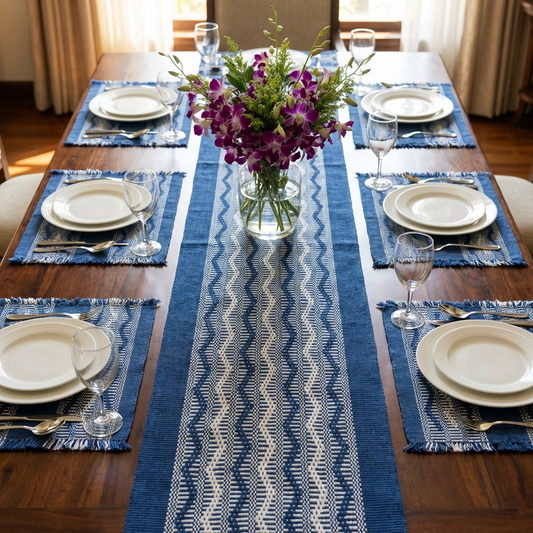 Loin Loom Handwoven Table Set: Runner & 6 Table Mats in Cobalt Blue & White