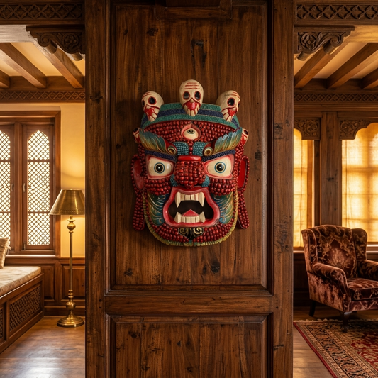 Red Mahākāla Handmade & Beaded Wooden Mask