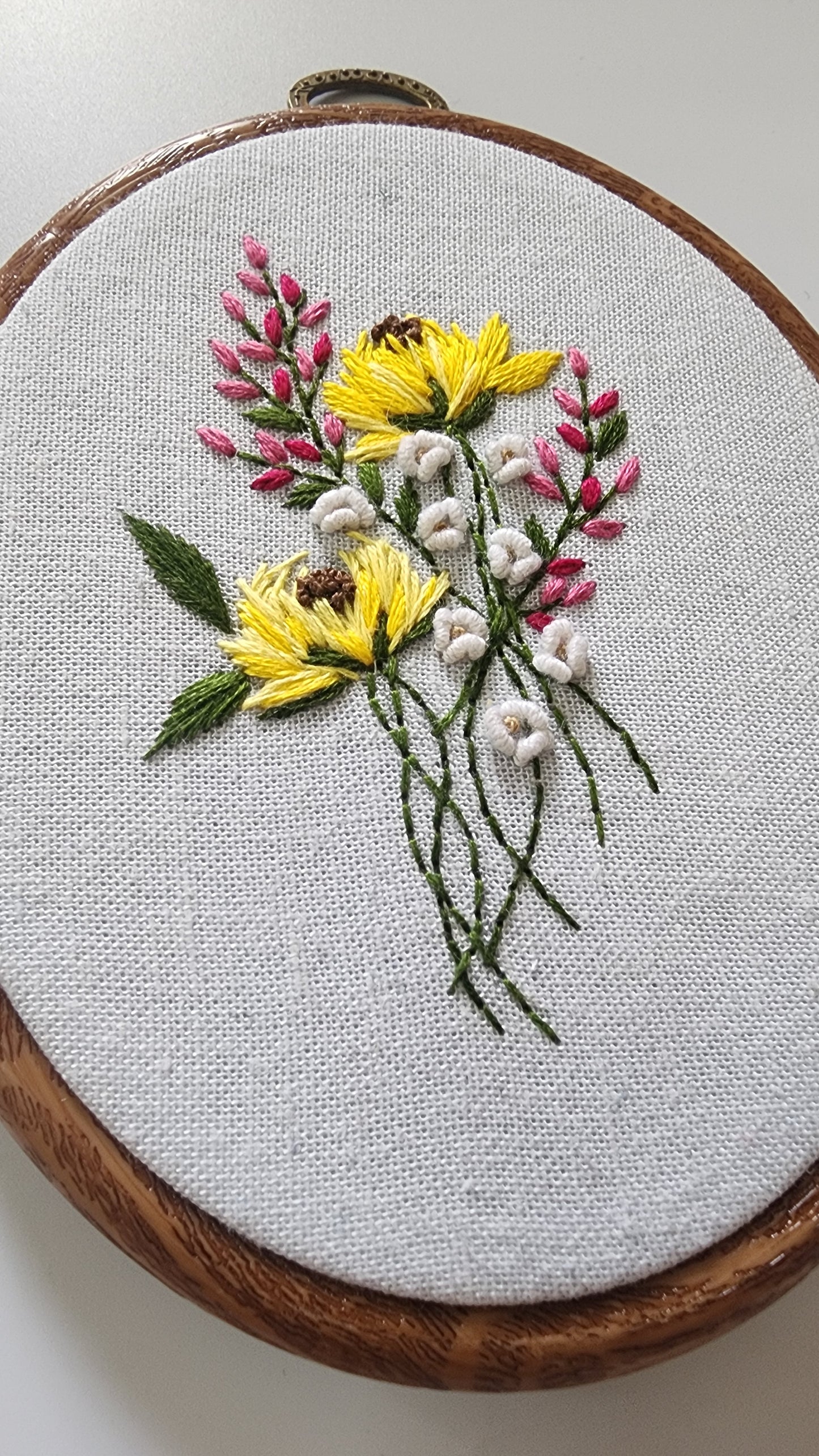 Ikali - Yellow Pink Flowers - Hand-embroidered Wall-hanging Hoop