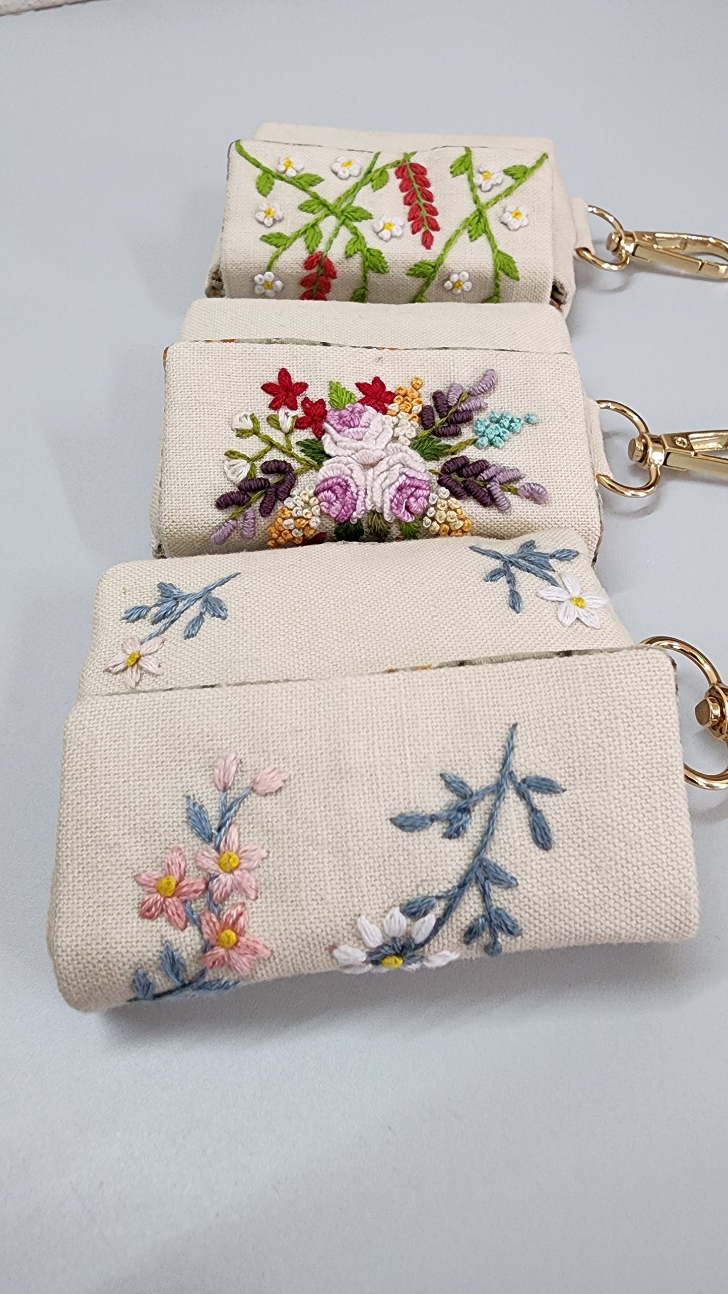 Ikali - Grey Flowers - Hand-embroidered Earpod Pouch