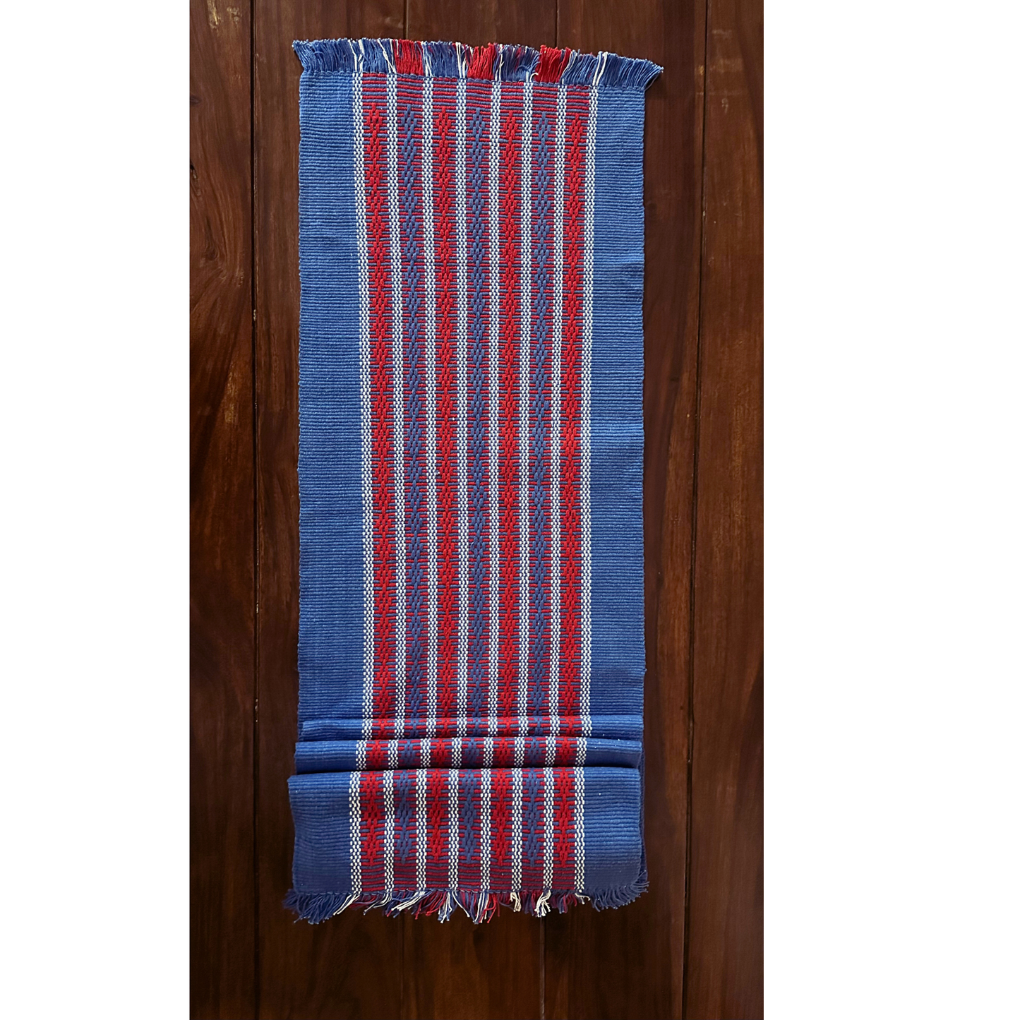 Loin Loom Handwoven Table Runner in Blue & Red