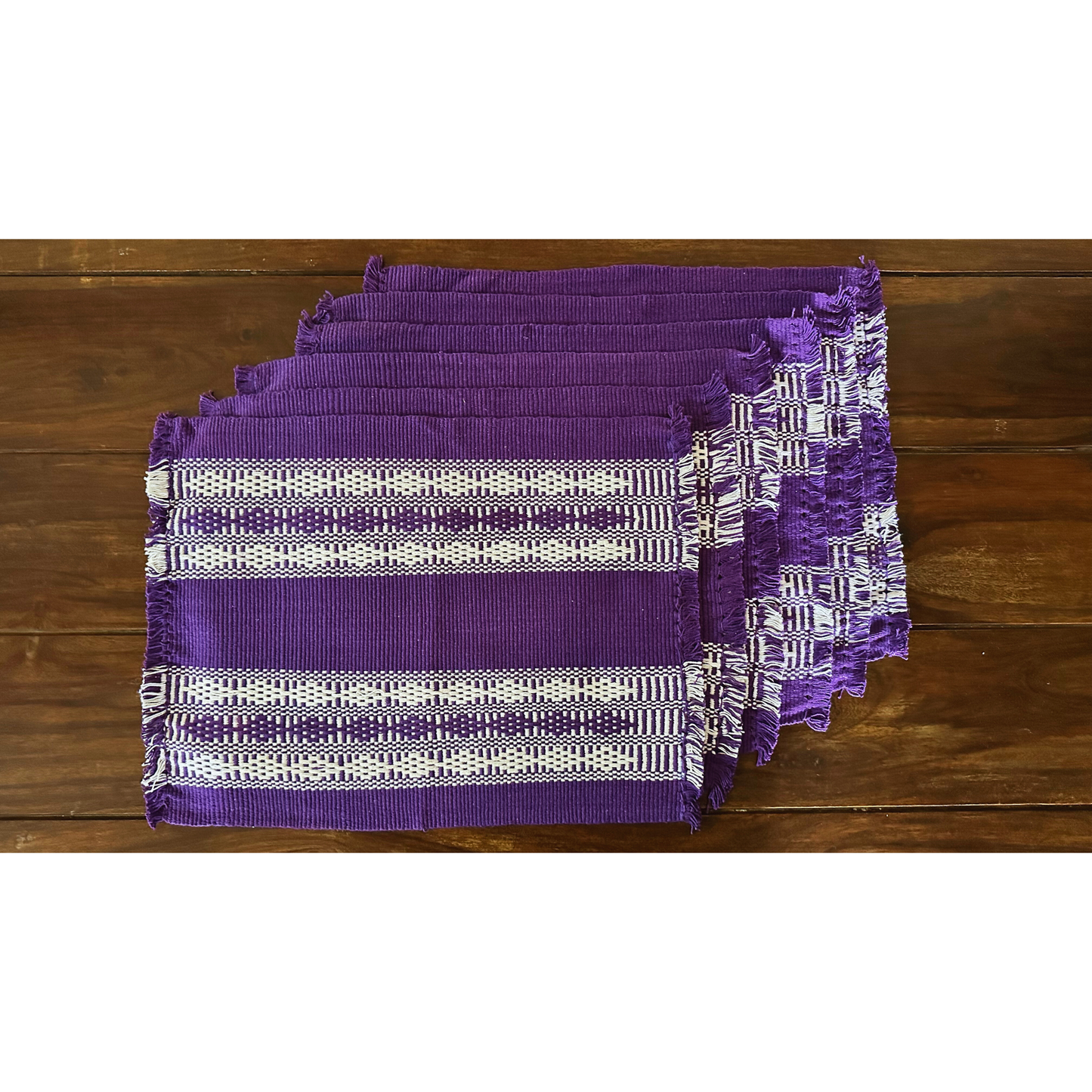Loin Loom Handwoven Table Set: Runner & 6 Table Mats in Violet & White