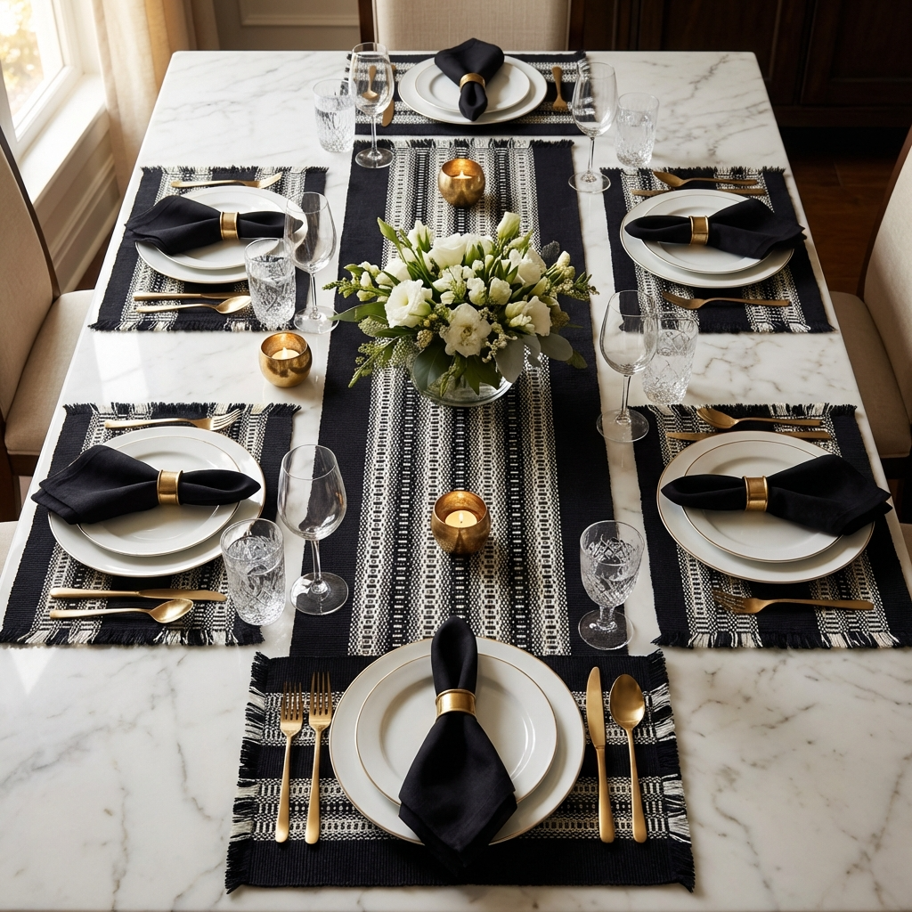 Loin Loom Handwoven Table Set: Runner & 6 Table Mats in Black & White